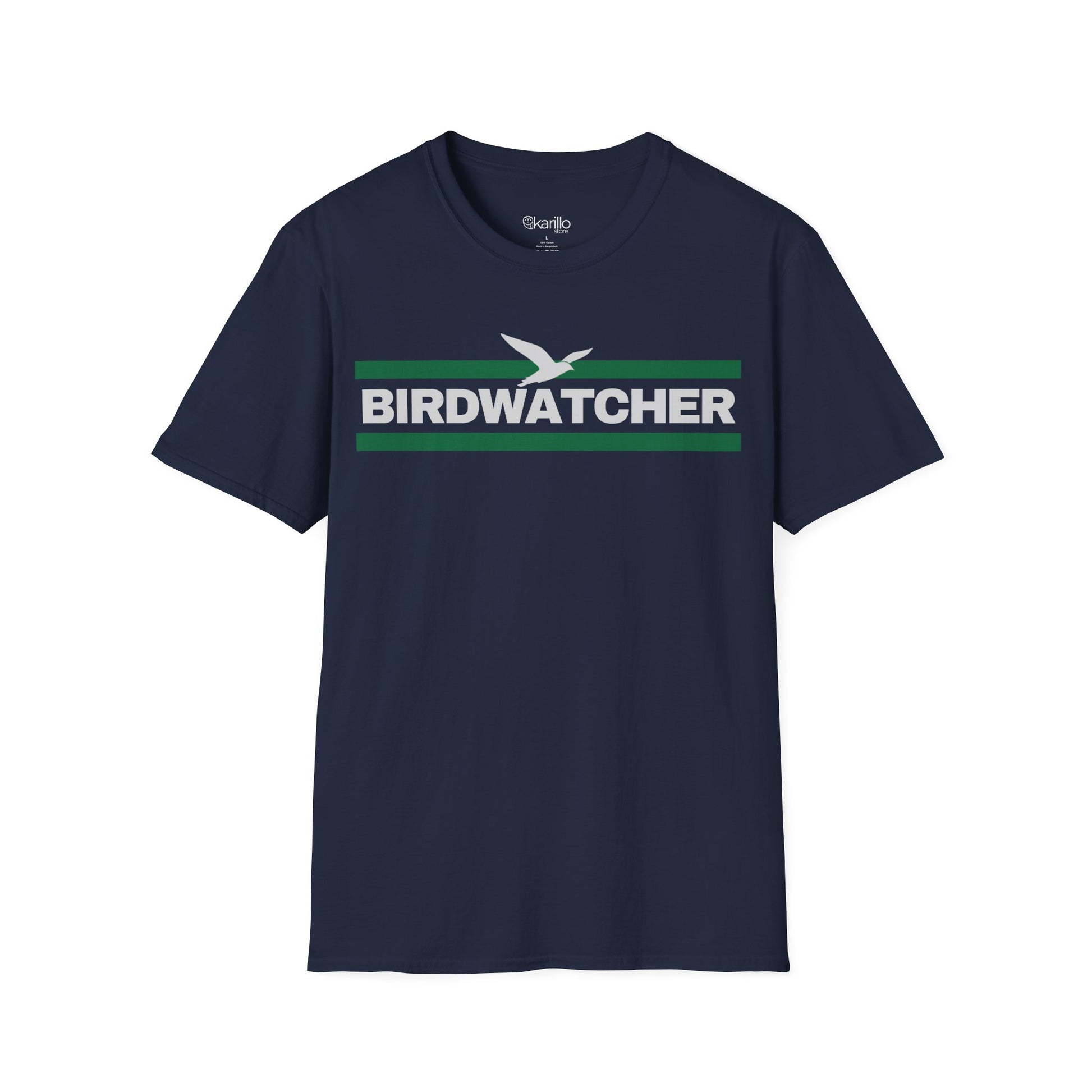 Front view navy blue t-shirt with 'BIRDWATCHER' text and green stripe on a white background