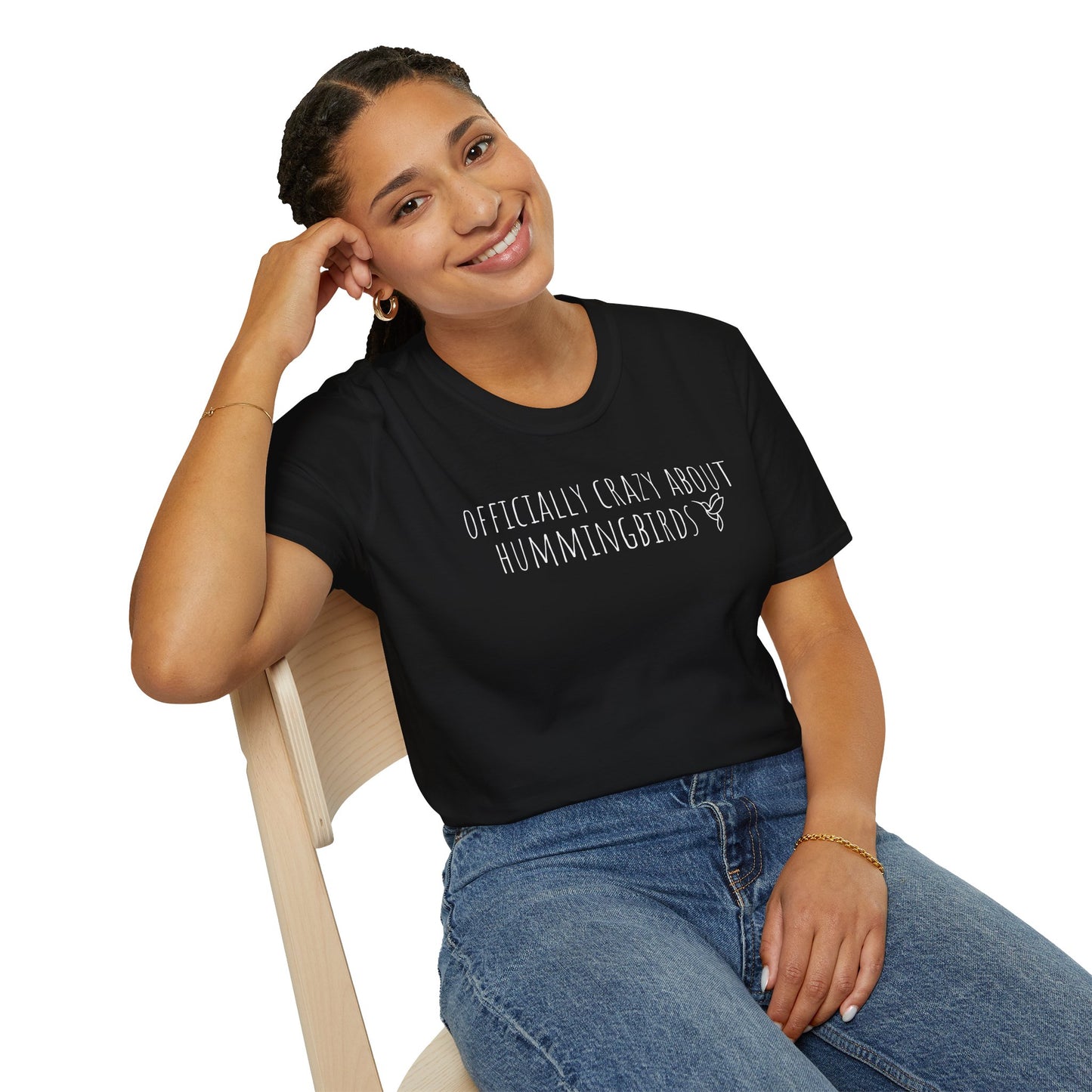 girl wearing black t-shirt with text 'Officially crazy about hummingbirds' on a white background