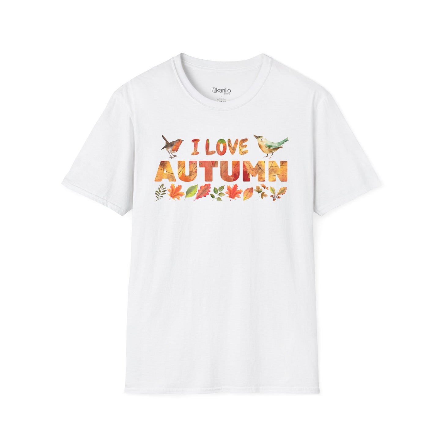 White t-shirt with 'I Love Autumn' text and leaf graphics on a white background