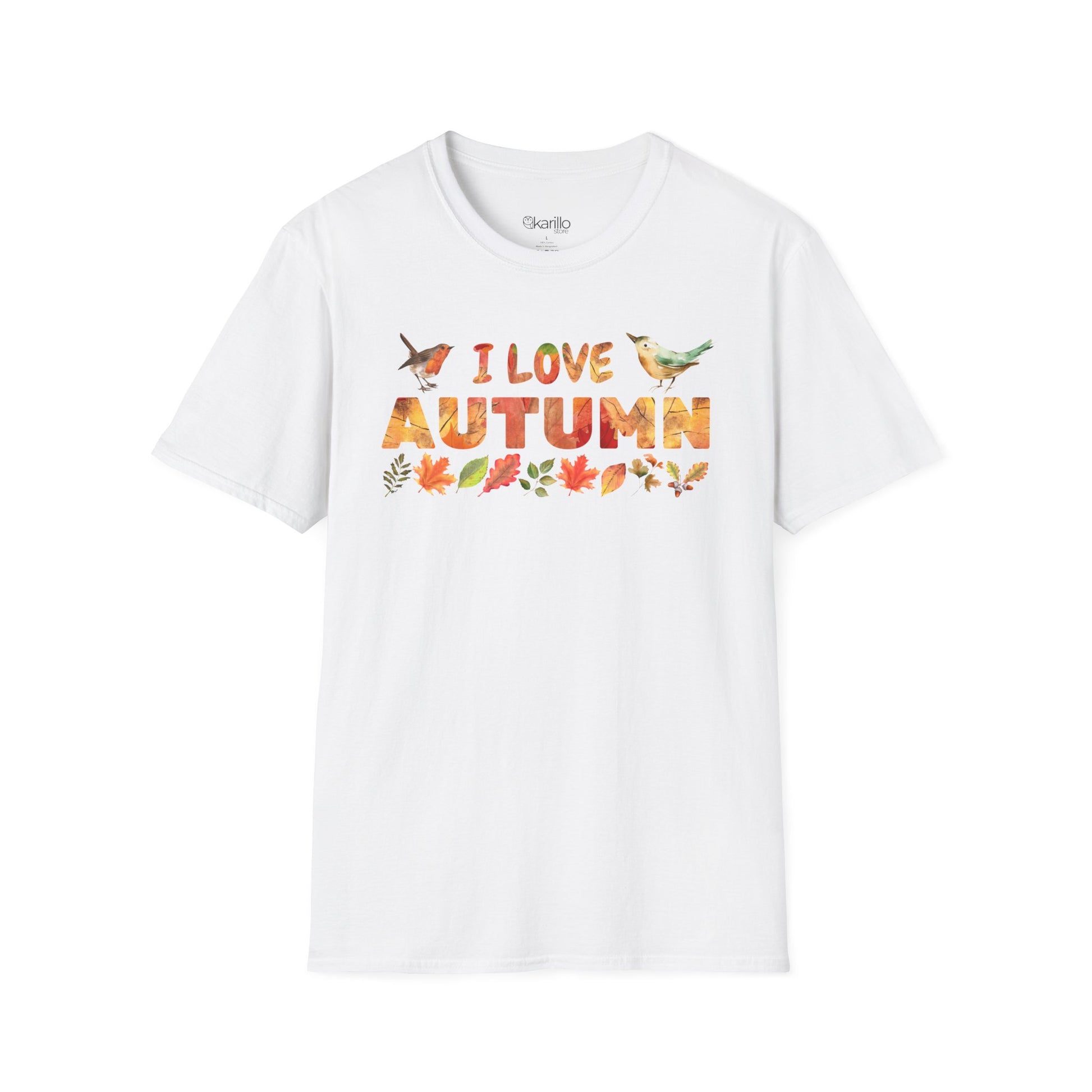 White t-shirt with 'I Love Autumn' text and leaf graphics on a white background