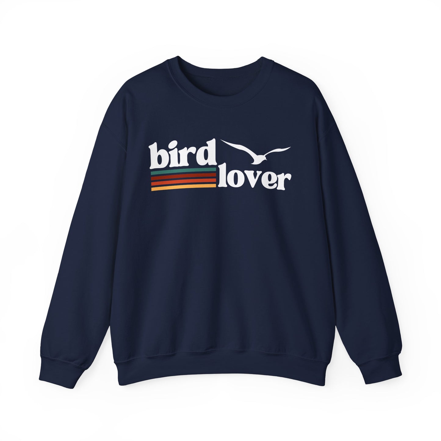 Navy Blue sweatshirt with 'bird lover' text and bird graphic, colored lines, on a white background