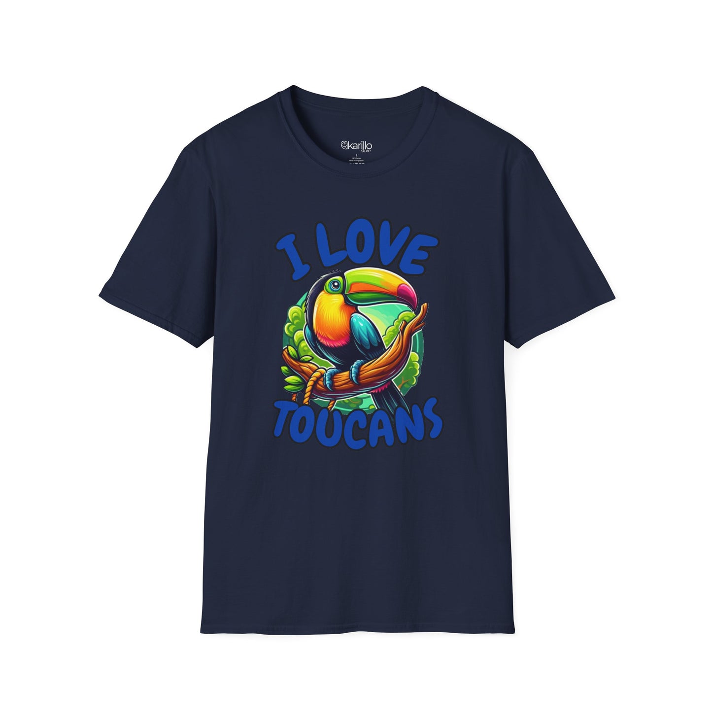 Front view navy blue t-shirt with a colorful toucan graphic and 'I Love Toucans' text on a white background
