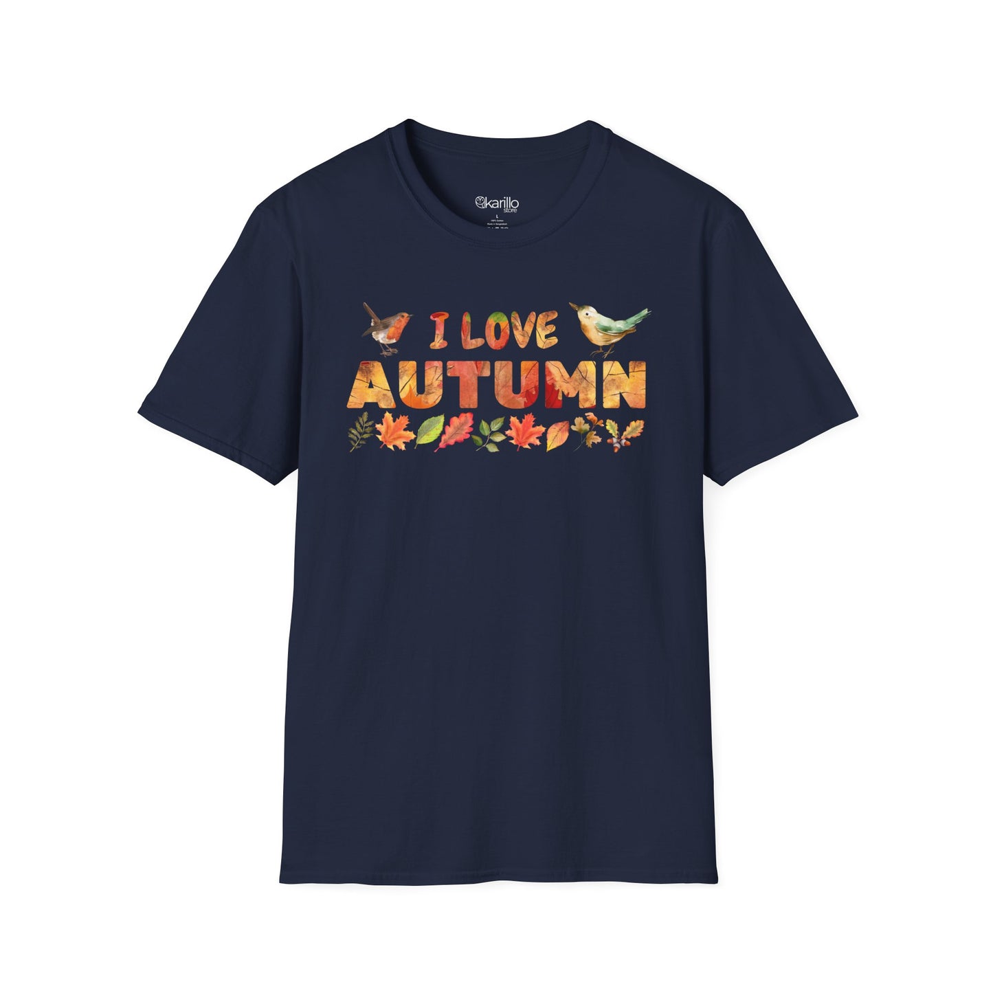 Navy blue t-shirt with 'I Love Autumn' text and fall-themed graphics on a white background