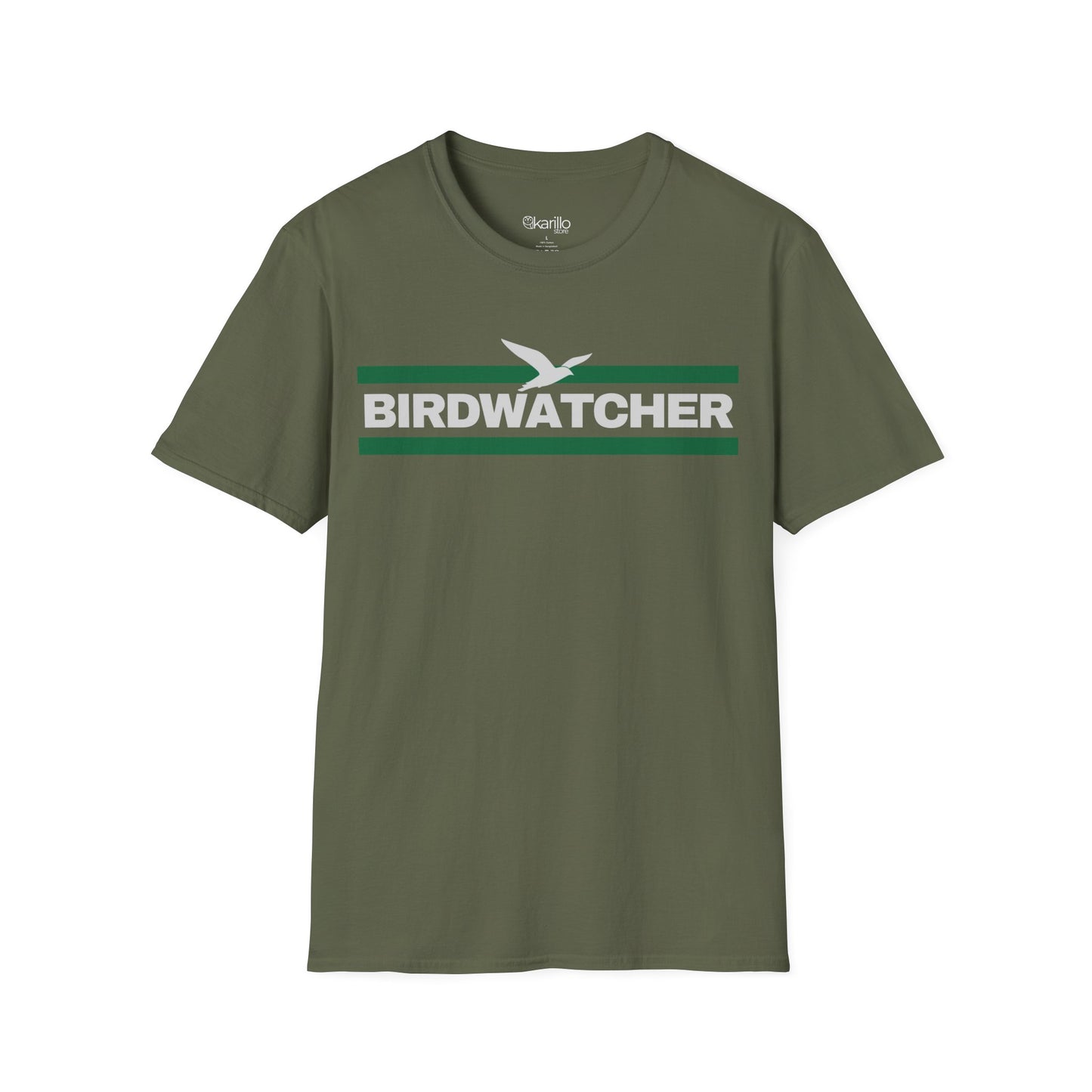 Front view military green t-shirt with 'BIRDWATCHER' text and green stripe on a white background