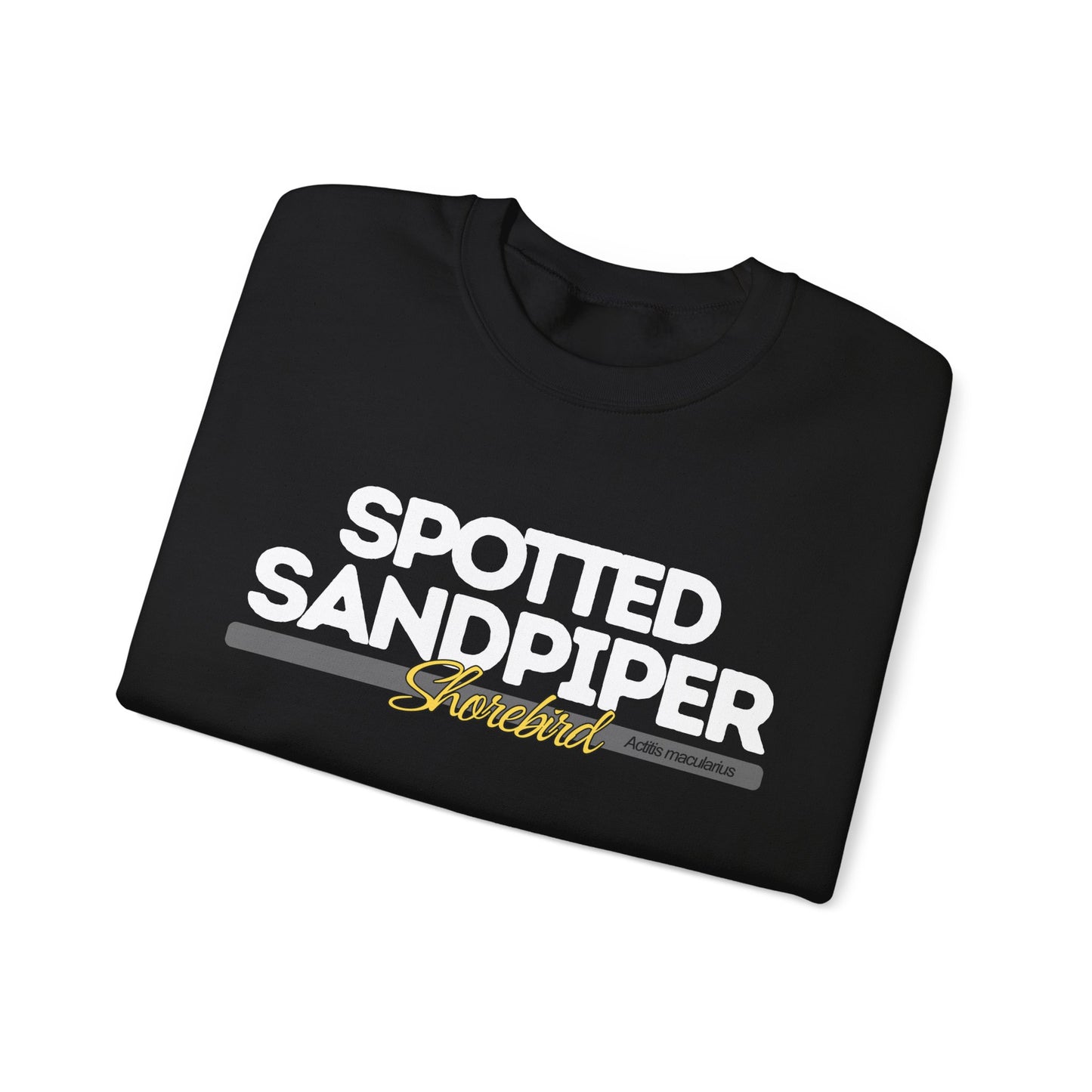 Folded lack t-shirt with 'Spotted Sandpiper Shorebird' text on a white background