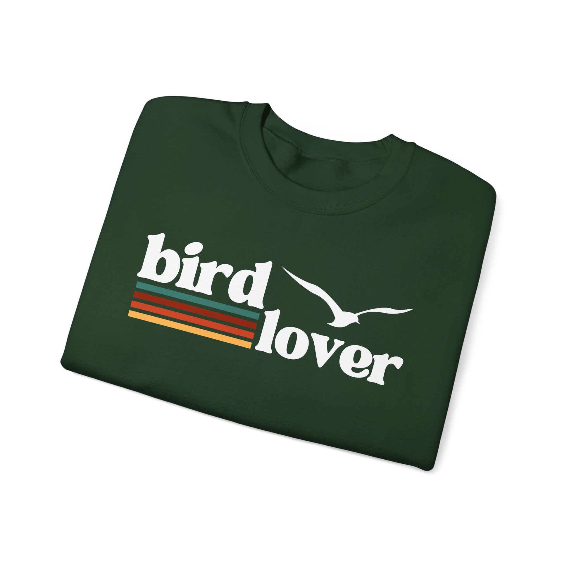 Folded dark Green sweatshirt with 'bird lover' text and bird graphic, colored lines, on a white background