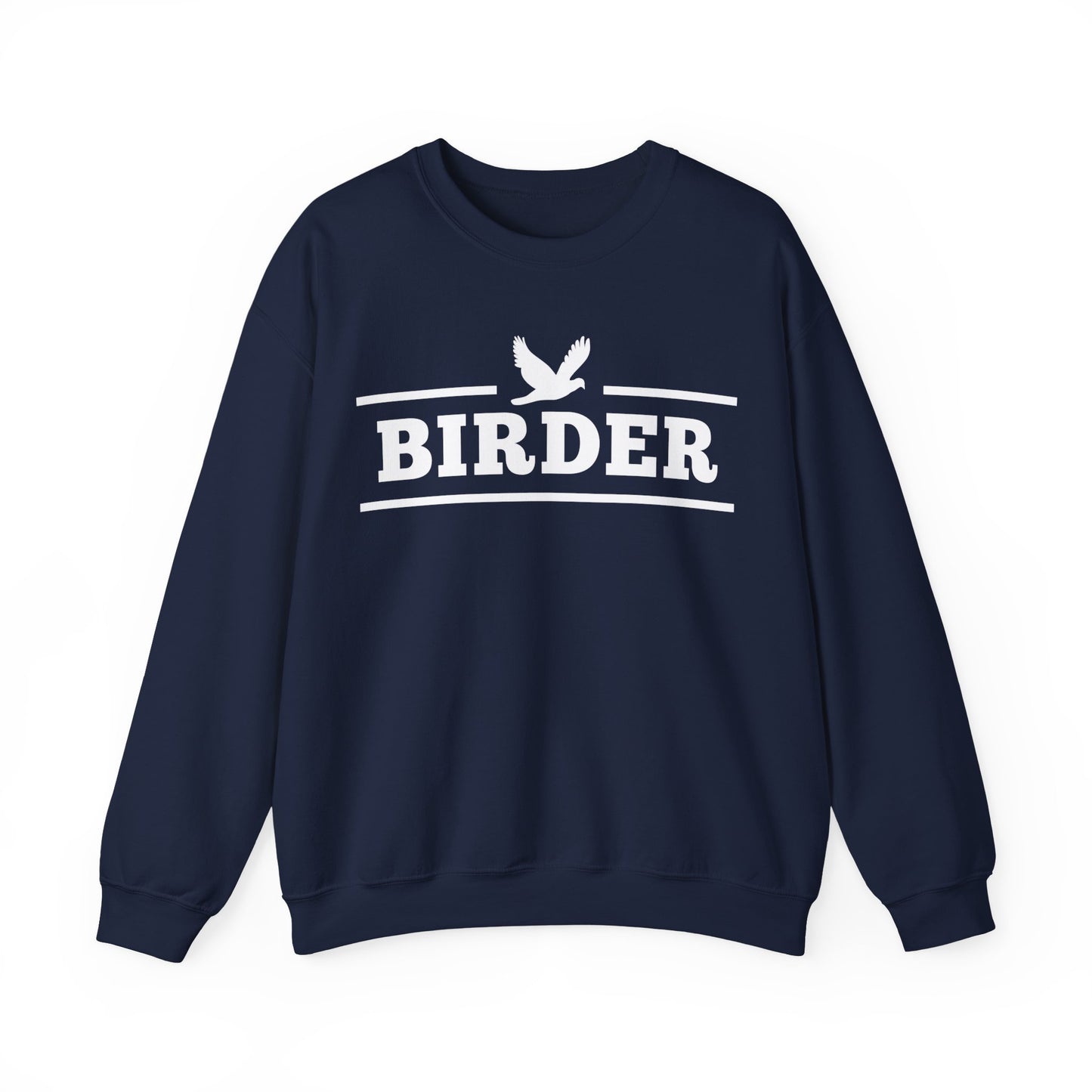 Navy blue sweatshirt with 'BIRDER' text and bird graphic on a white background
