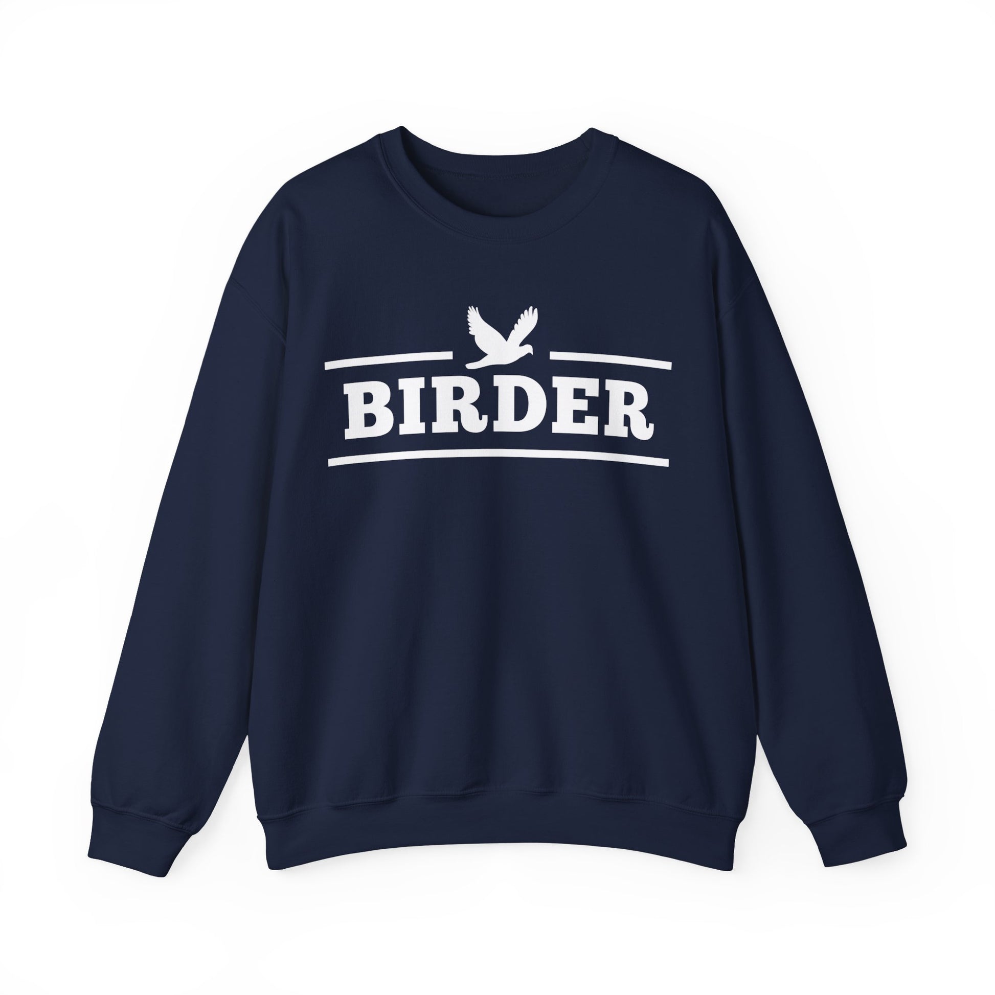 Navy blue sweatshirt with 'BIRDER' text and bird graphic on a white background