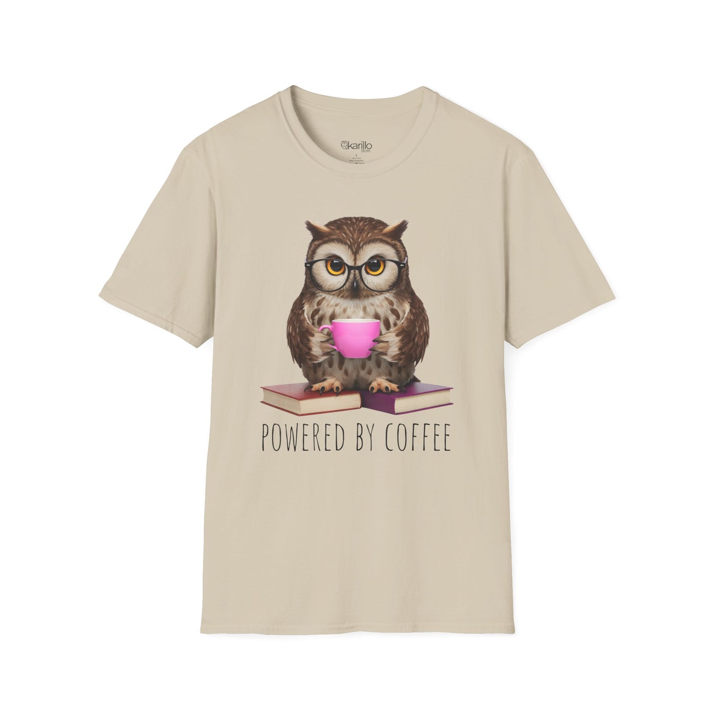 Beige t-shirt with an owl holding a coffee cup and 'Powered by Coffee' text on a white background