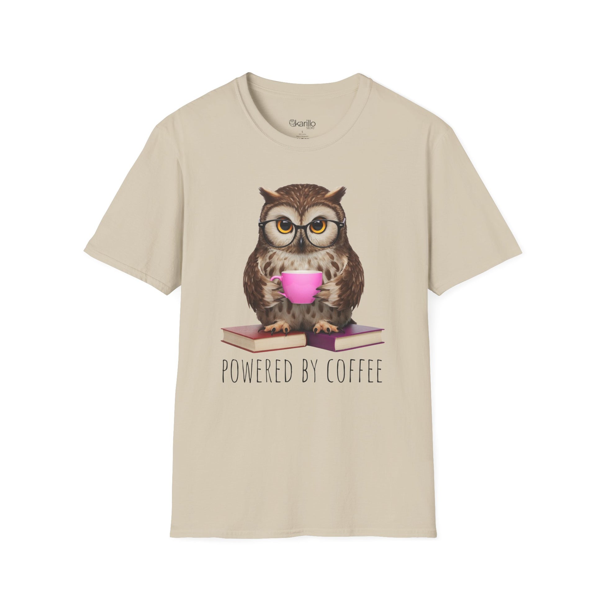 Beige t-shirt with an owl holding a coffee cup and 'Powered by Coffee' text on a white background