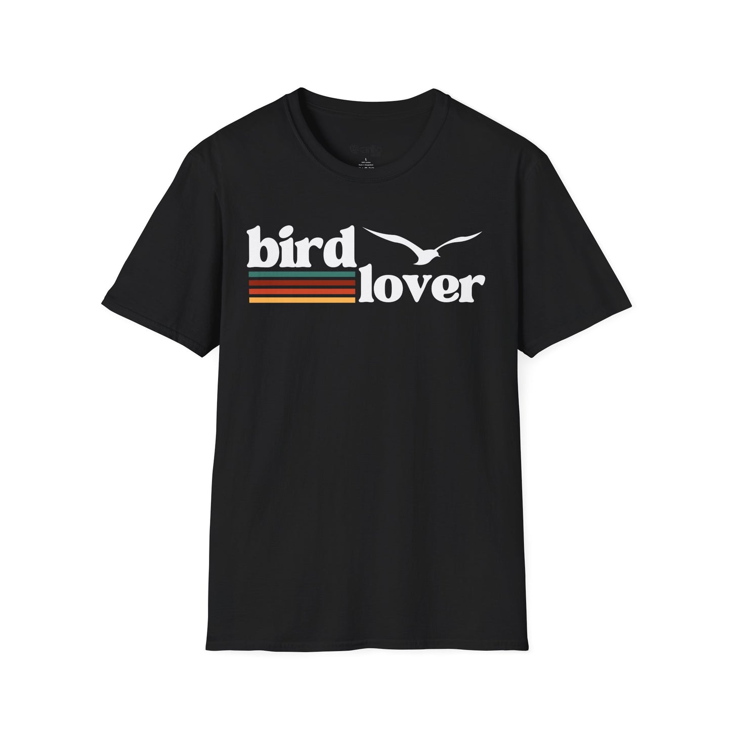 Front view of a Bird Lover graphic design on a black color t-shirt
