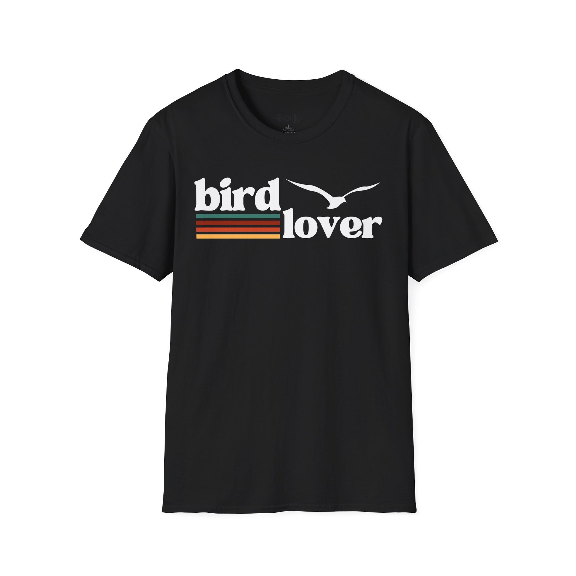 Front view of a Bird Lover graphic design on a black color t-shirt