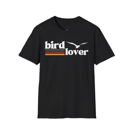 Front view of a Bird Lover graphic design on a black color t-shirt