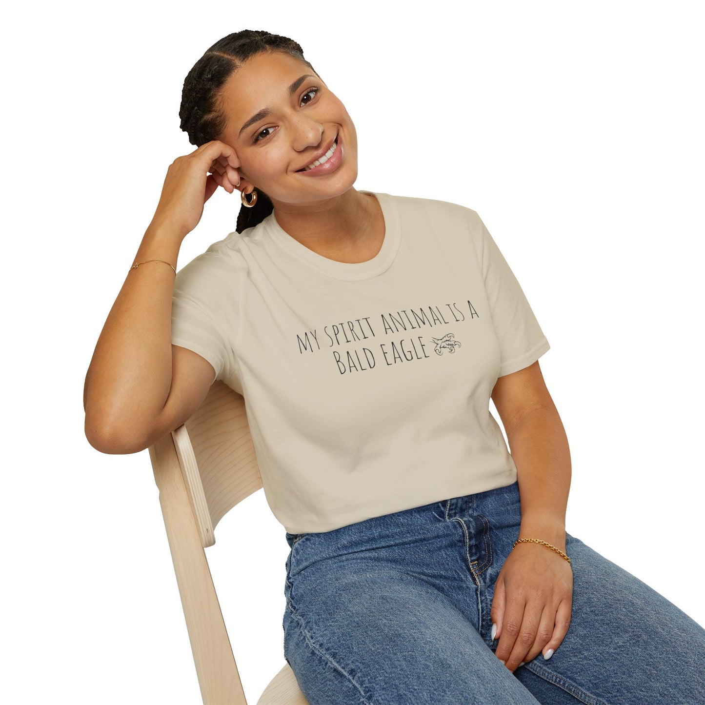 Girl wearing My Spirit Animal Is a Bald Eagle graphic t-shirt sand color