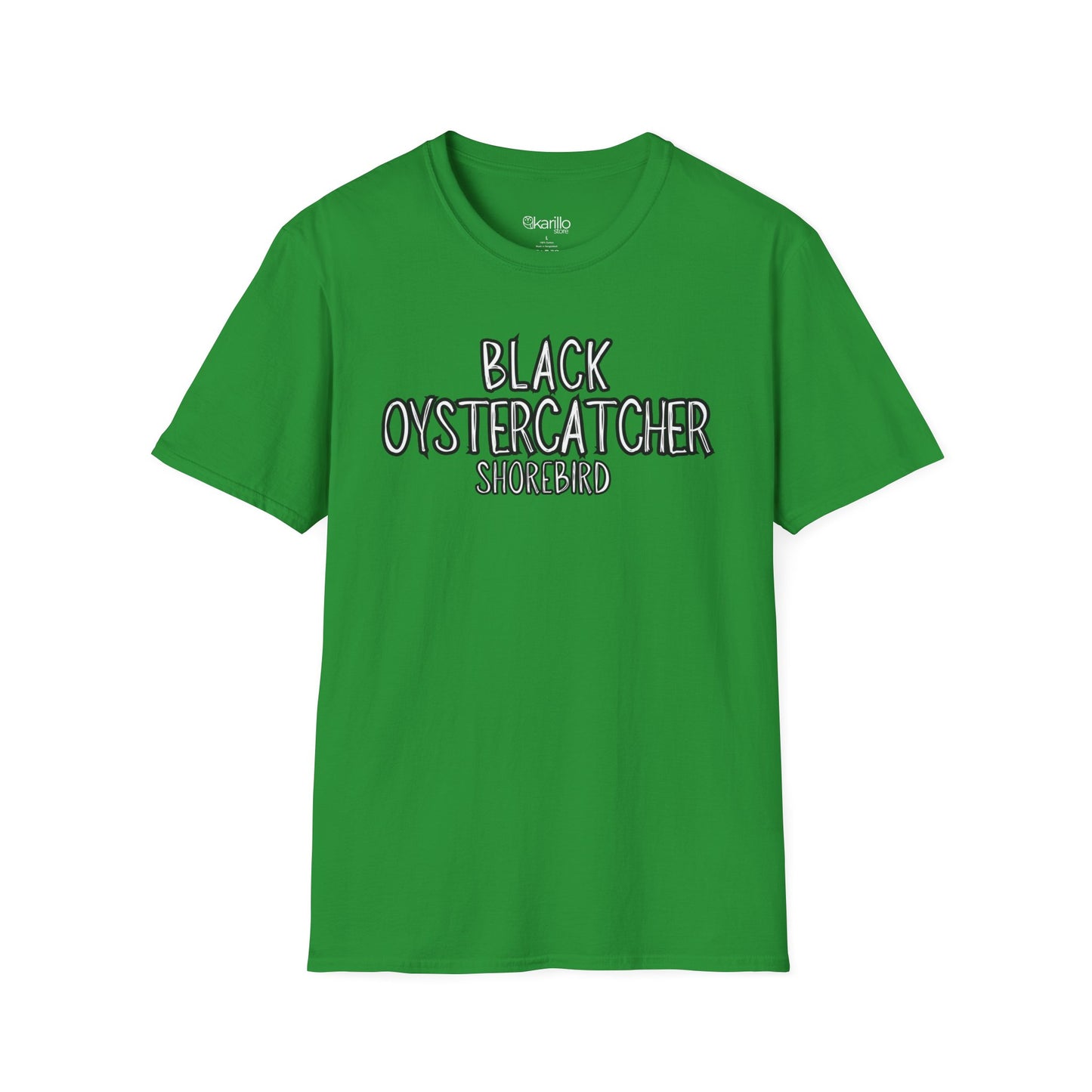 Front view green t-shirt with 'Black Oystercatcher Shorebird' text on a white background