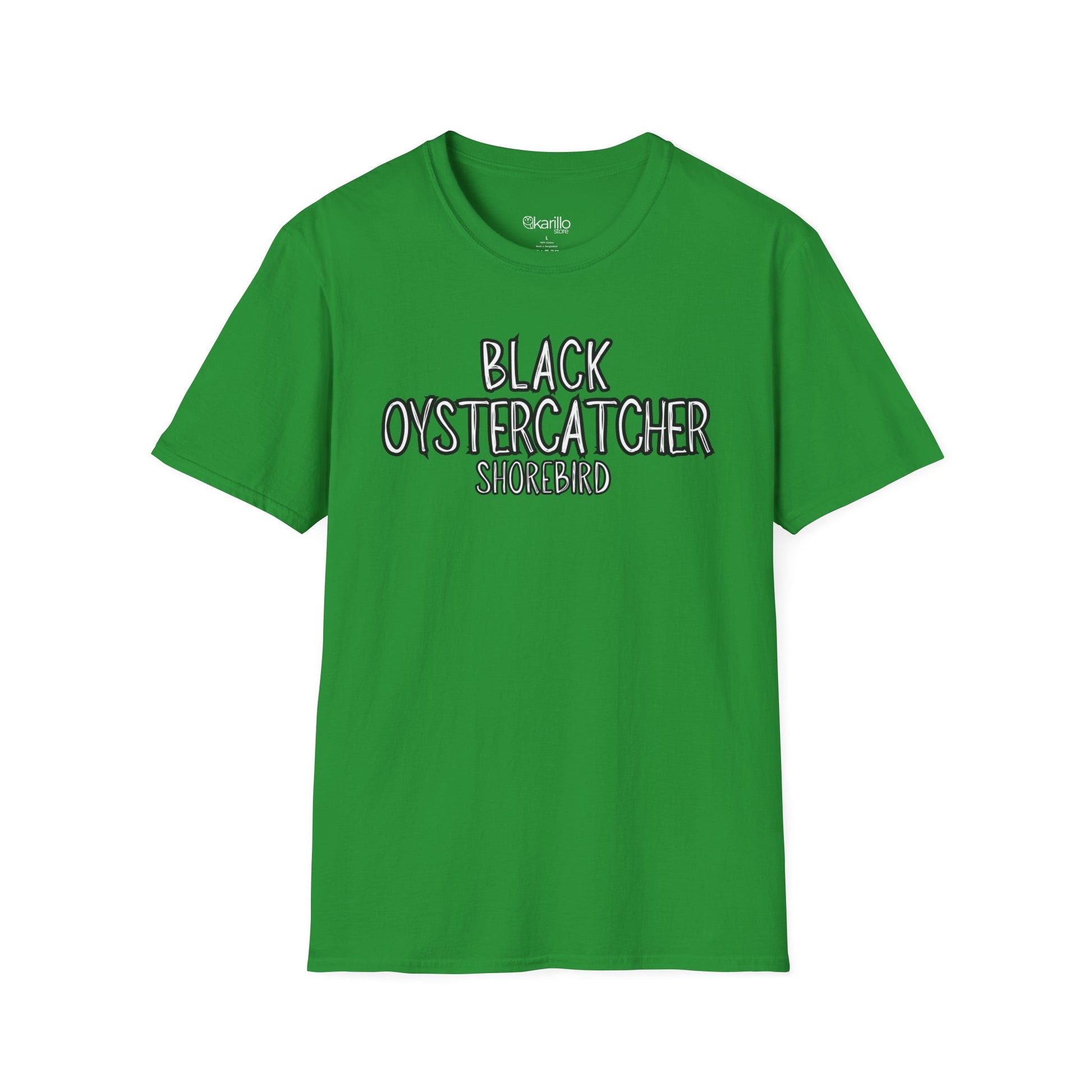 Front view green t-shirt with 'Black Oystercatcher Shorebird' text on a white background