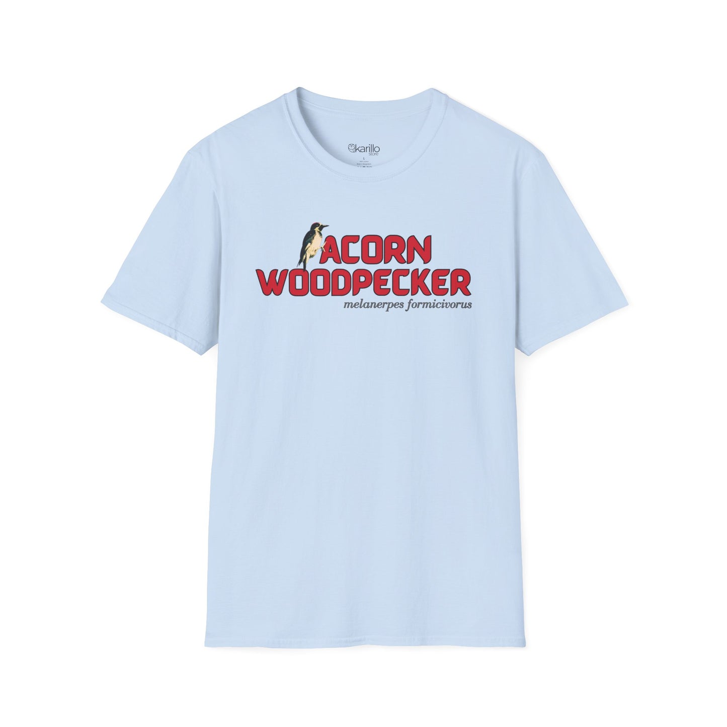 Front view of light blue t-shirt with 'acorn woodpecker' text on a white background