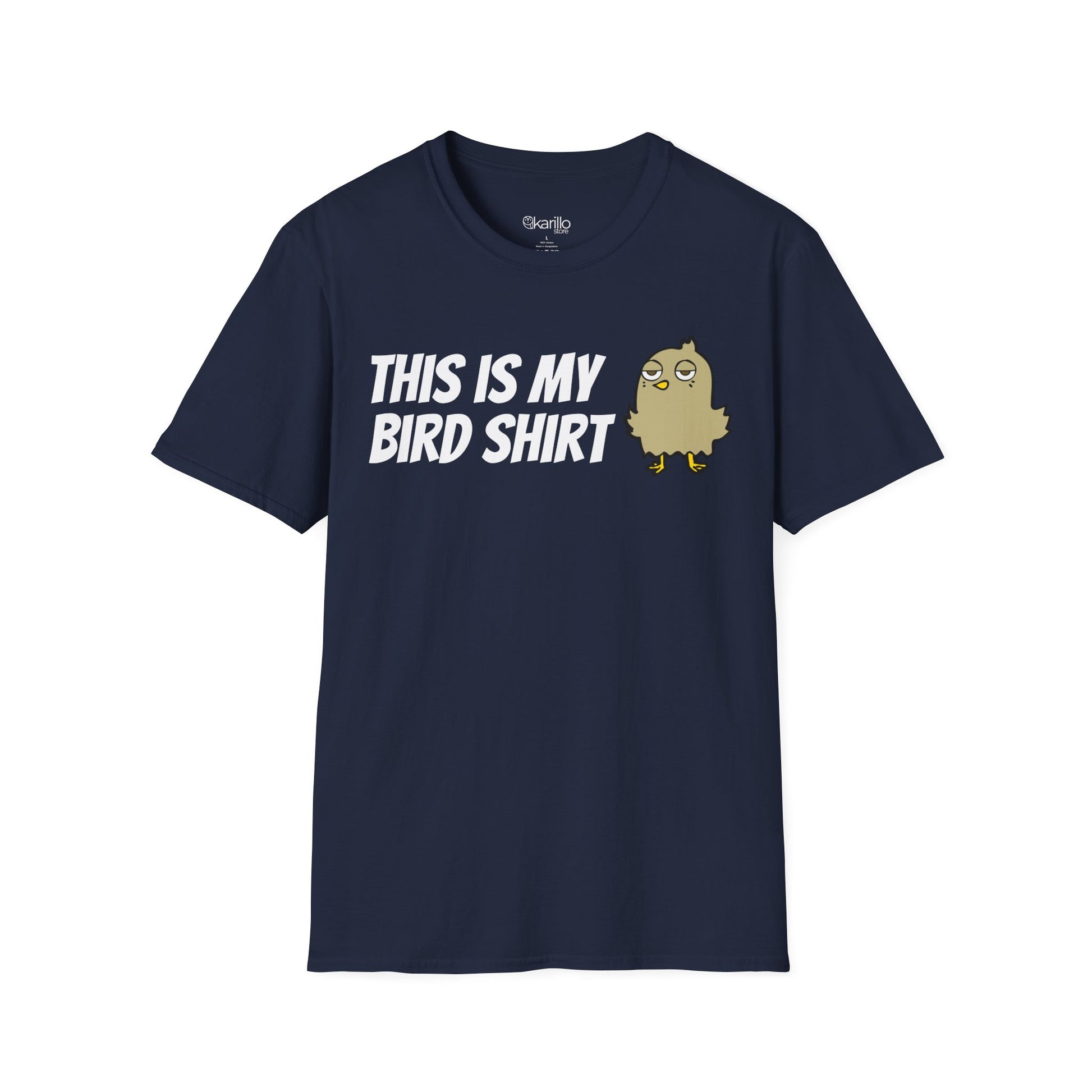 Navy blue t-shirt with "this is my bird shirt" with a graphic cartoon bird on a  white background.