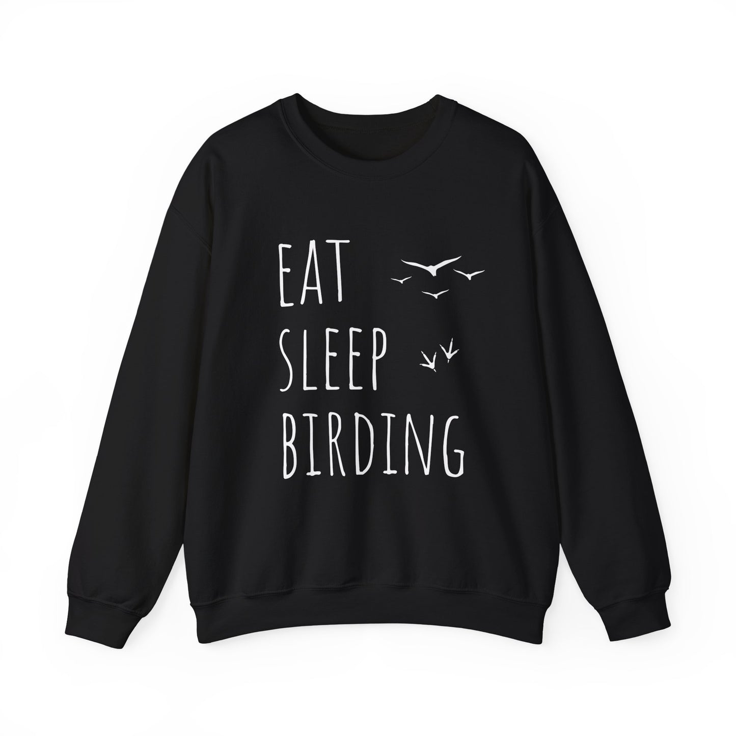 Black sweatshirt with 'Eat Sleep Birding' text and bird illustrations on a white background