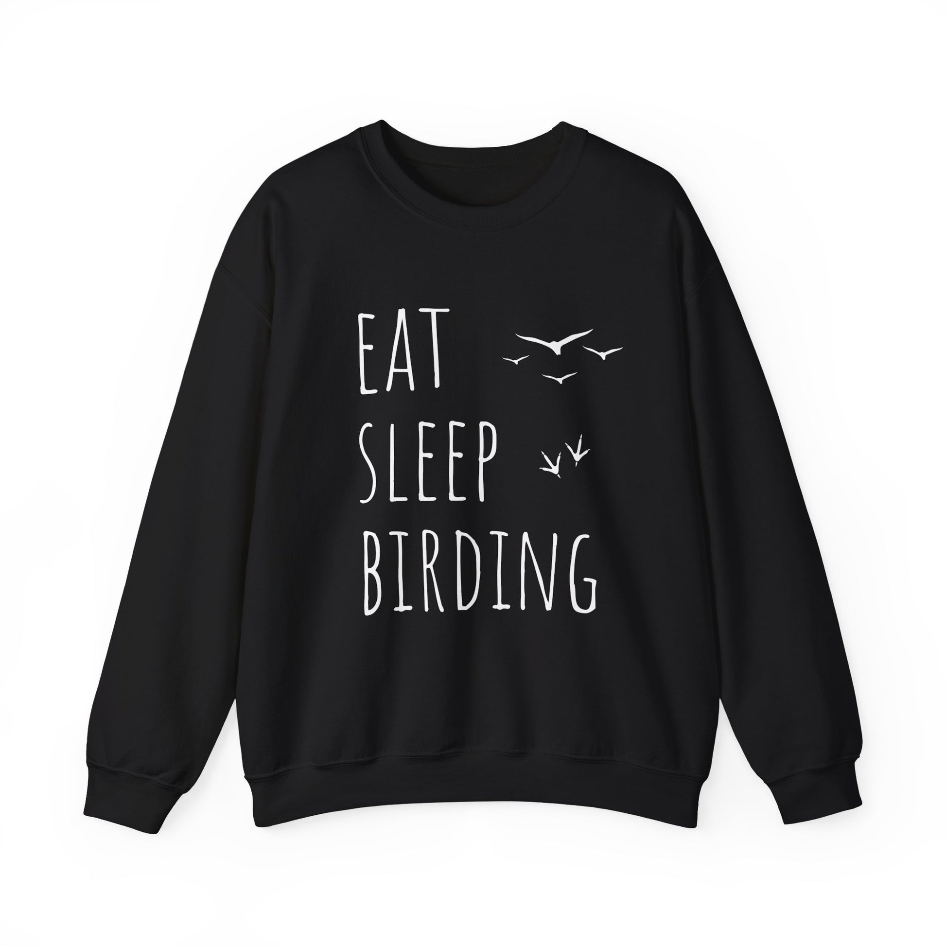 Black sweatshirt with 'Eat Sleep Birding' text and bird illustrations on a white background