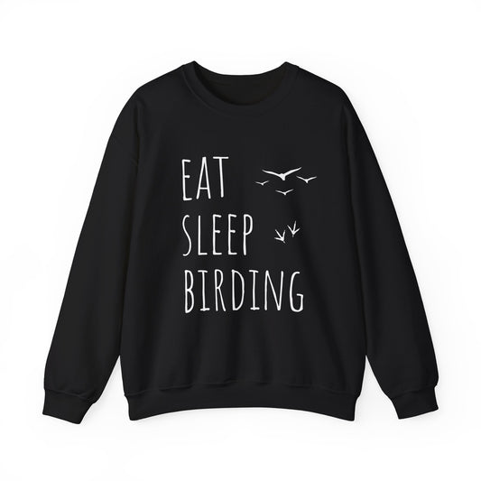 Black sweatshirt with 'Eat Sleep Birding' text and bird illustrations on a white background