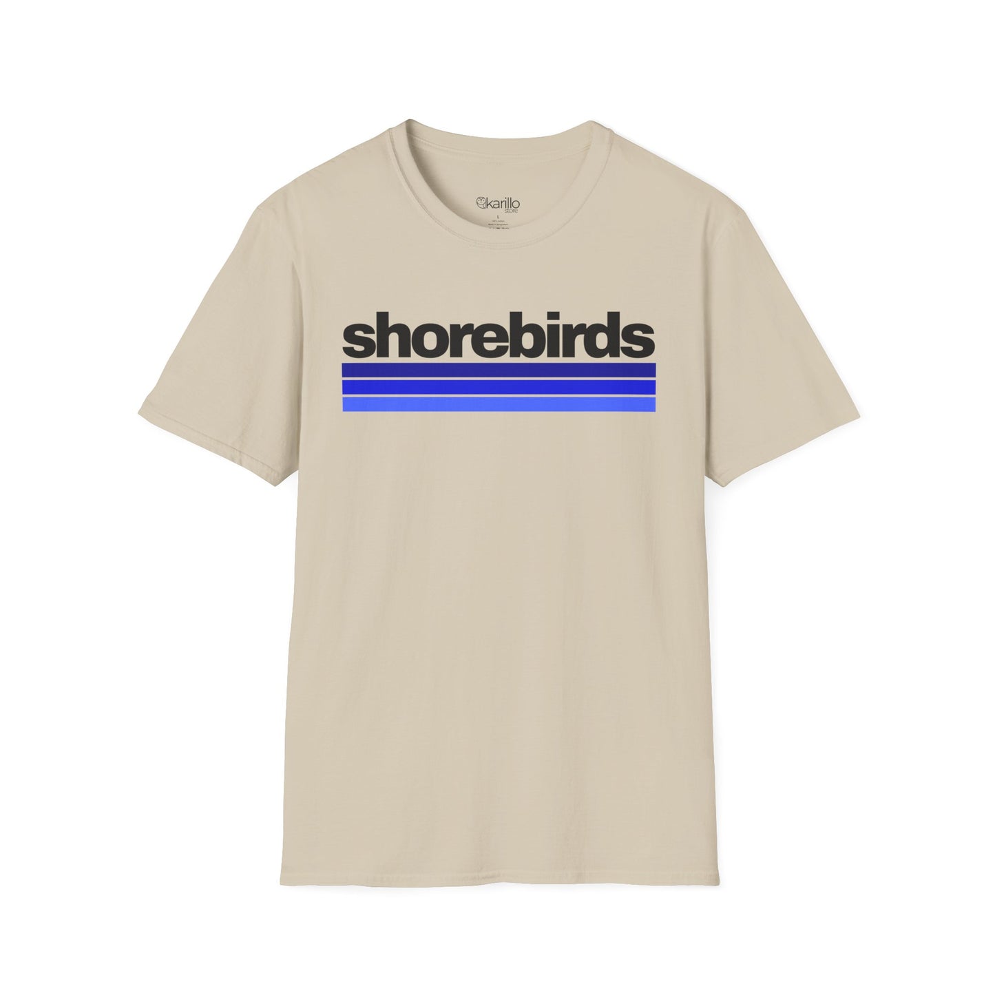 Front view of sand color t-shirt with 'shorebirds' text and blue stripes on a white background
