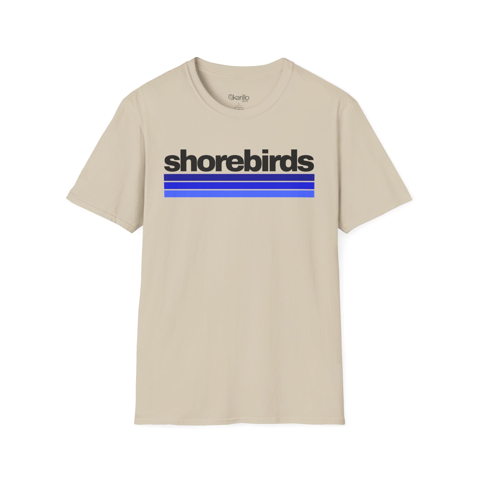 Front view of sand color t-shirt with 'shorebirds' text and blue stripes on a white background