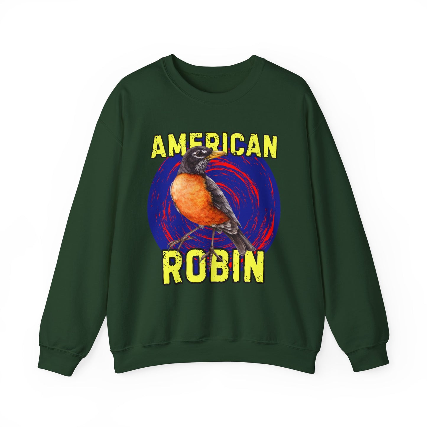 Green sweatshirt with an American Robin graphic on a white background
