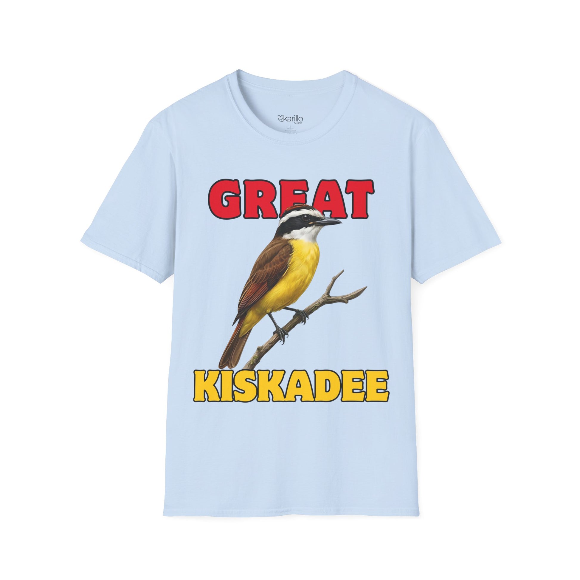 Light Blue t-shirt with a bird graphic and text 'GREAT KISKADEE' on a white background