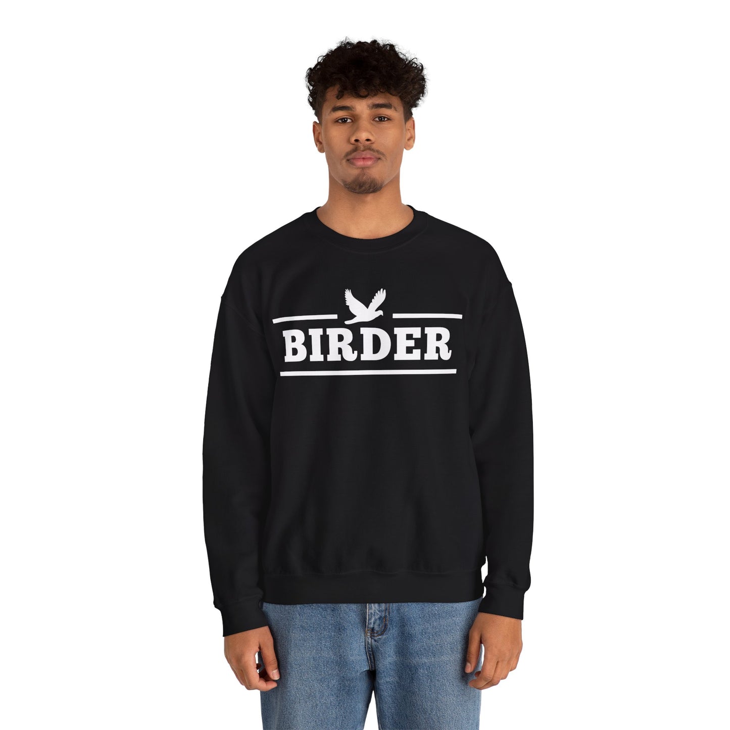 Person wearing a black sweatshirt with 'BIRDER' and a bird logo on a white background