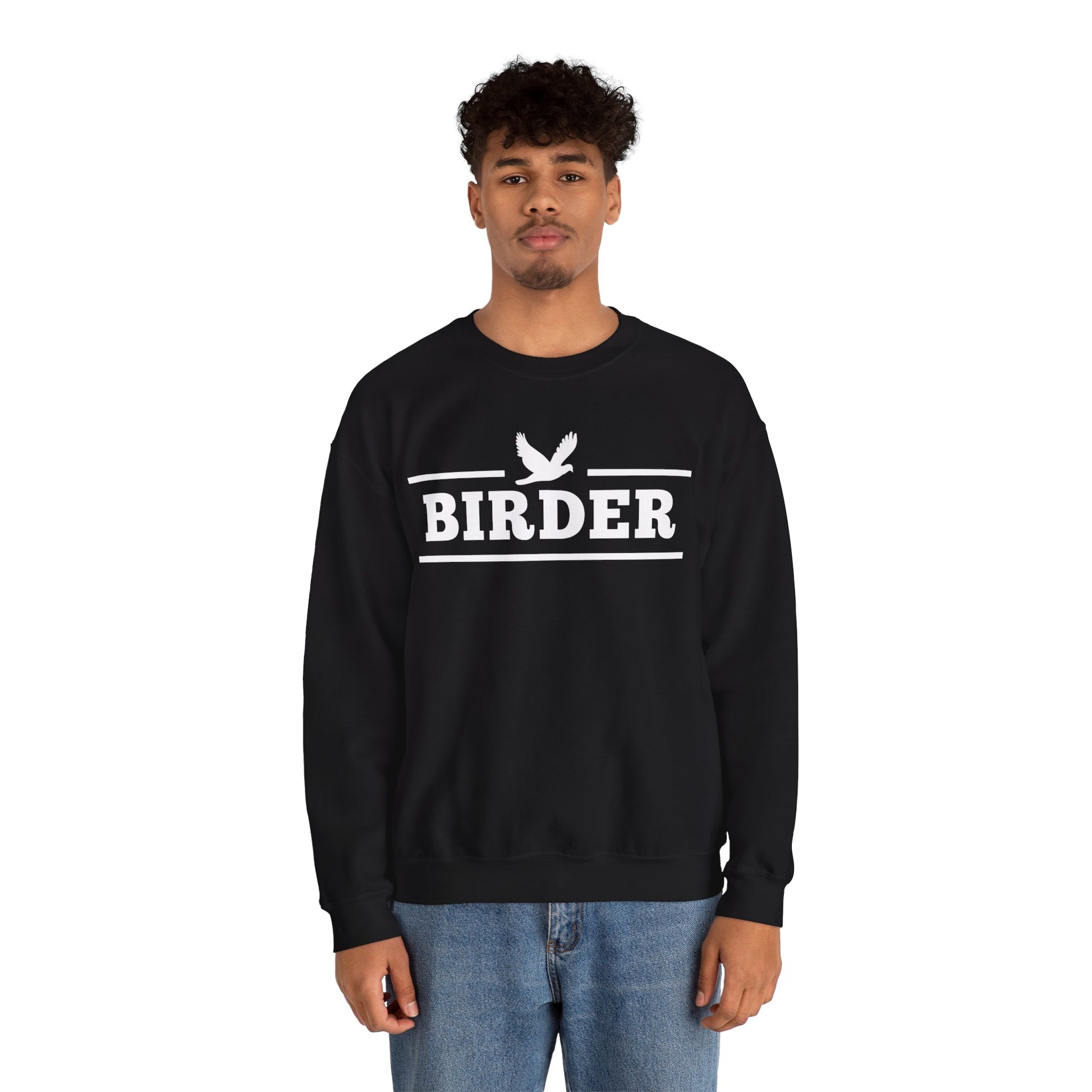 Person wearing a black sweatshirt with 'BIRDER' and a bird logo on a white background