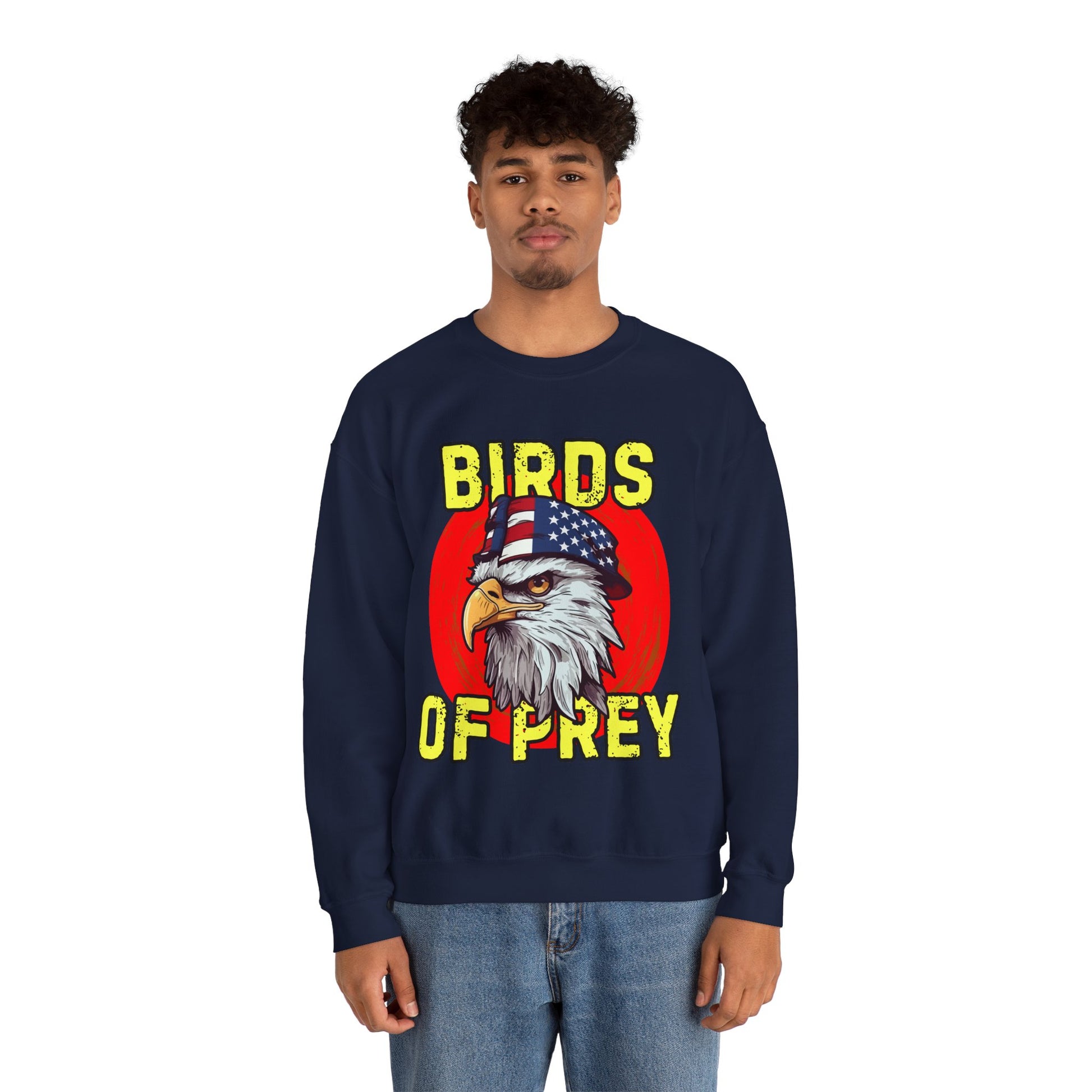 Person wearing a navy sweatshirt with an eagle graphic and 'Birds of Prey' text on a white background
