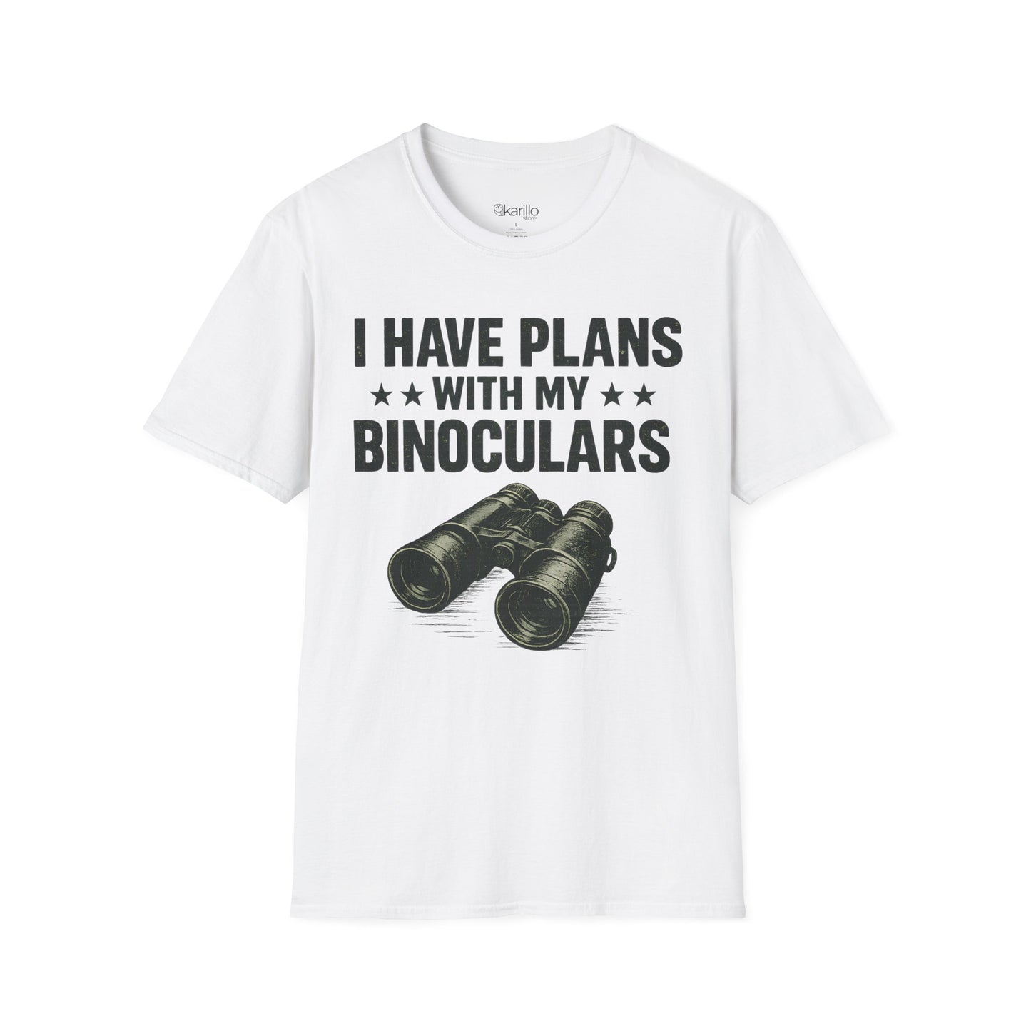 White t-shirt with binoculars graphic and text on a white background