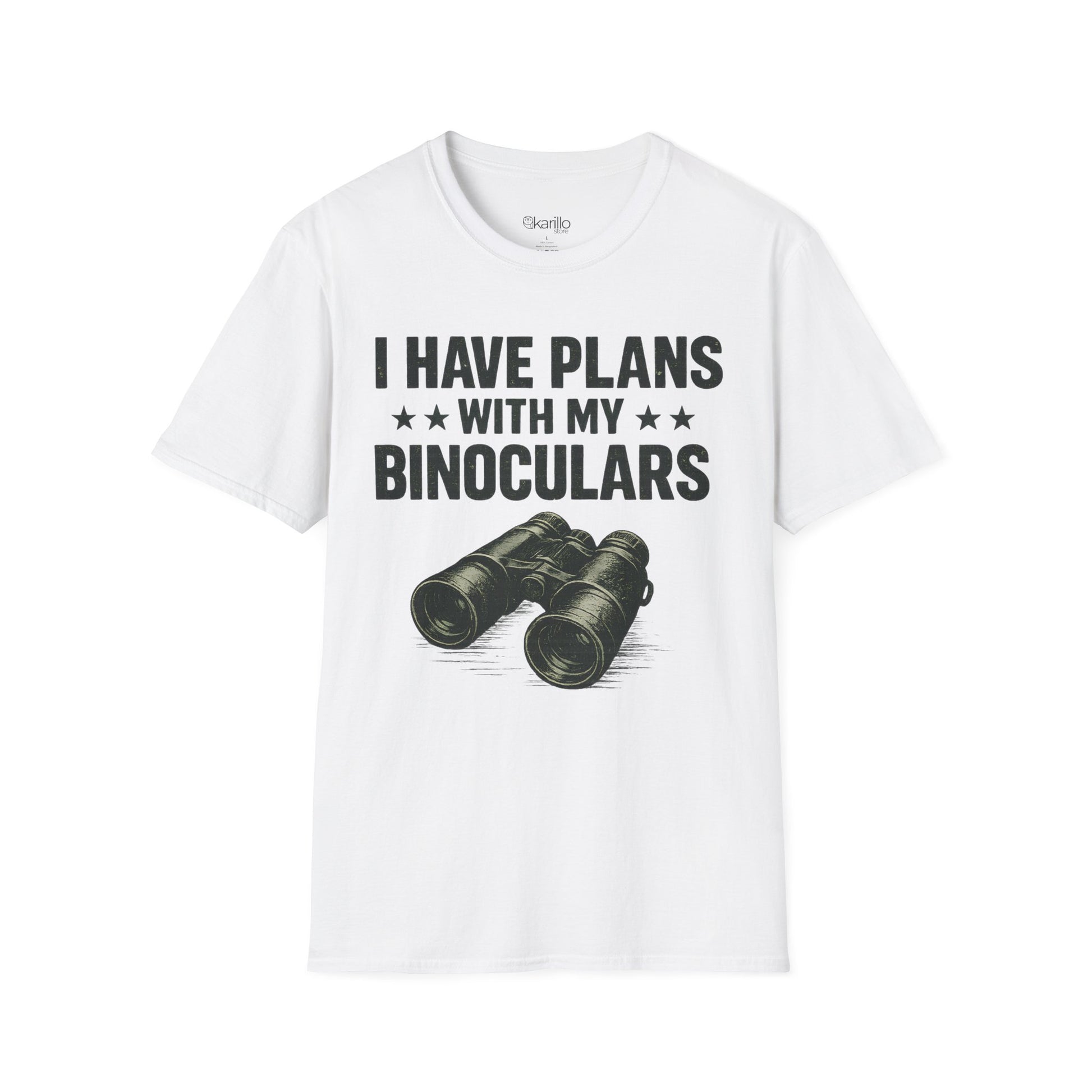 White t-shirt with binoculars graphic and text on a white background