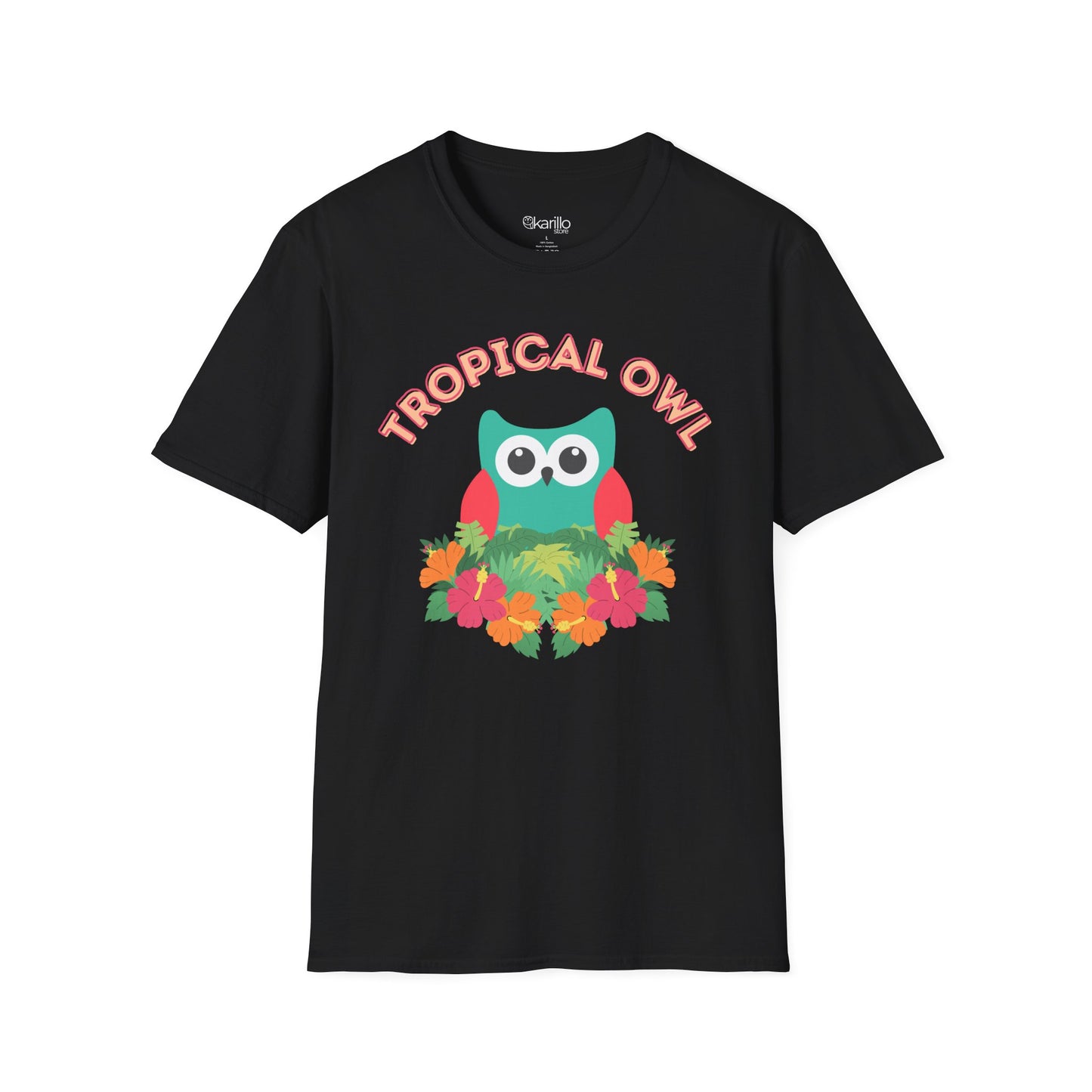 Black t-shirt with a colorful 'Tropical Owl' design on a white background