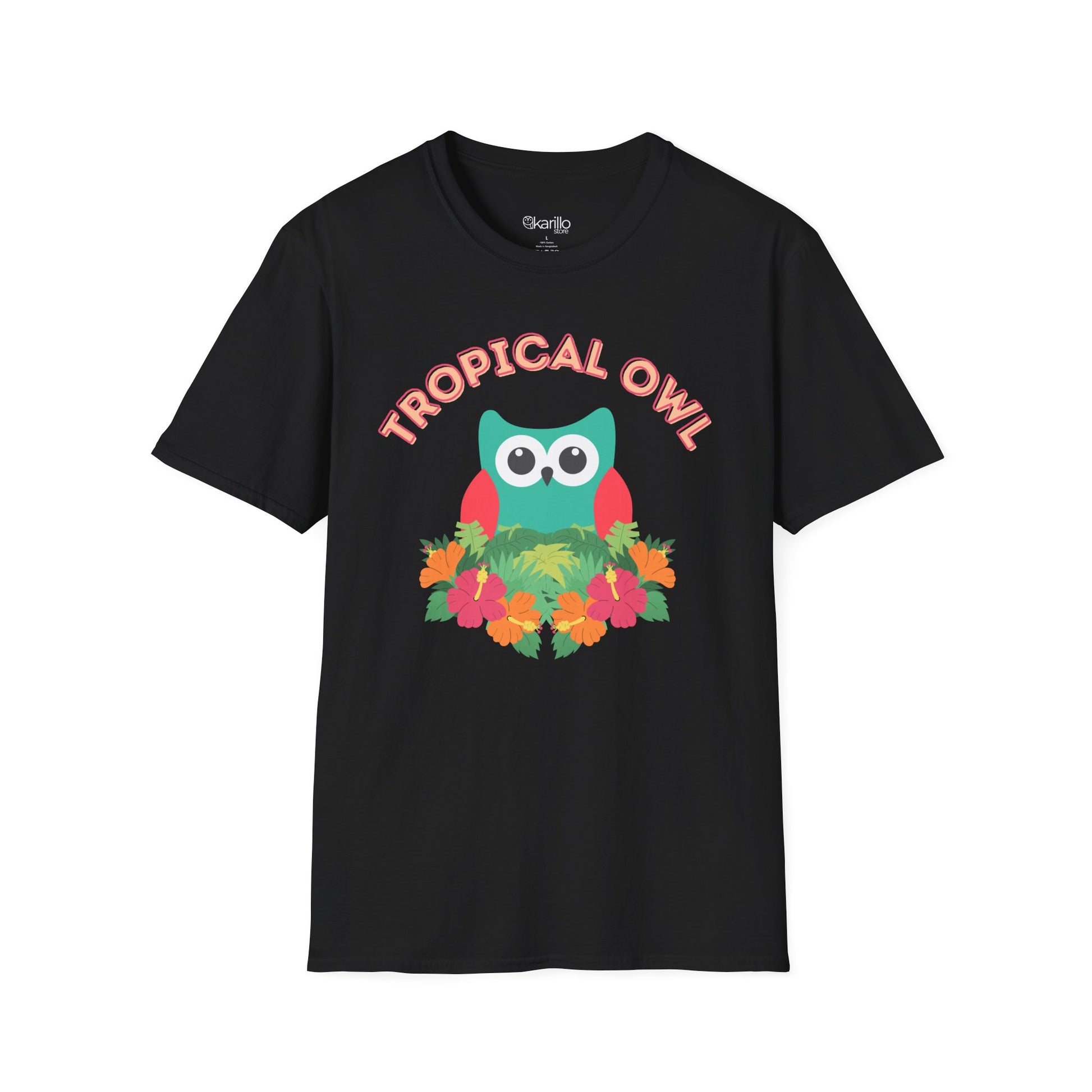 Black t-shirt with a colorful 'Tropical Owl' design on a white background