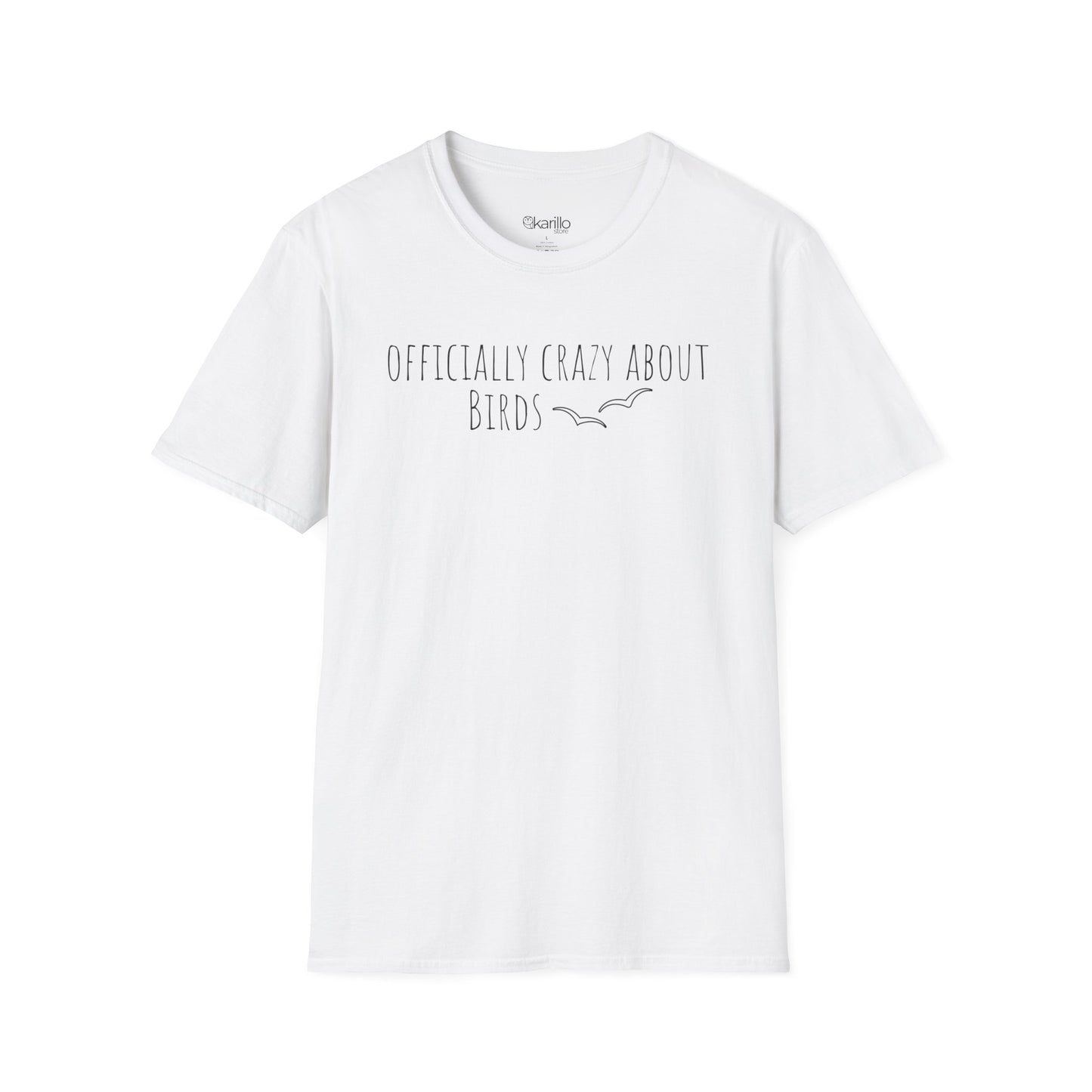 front view white t-shirt with 'Officially Crazy About Birds' text on a white background