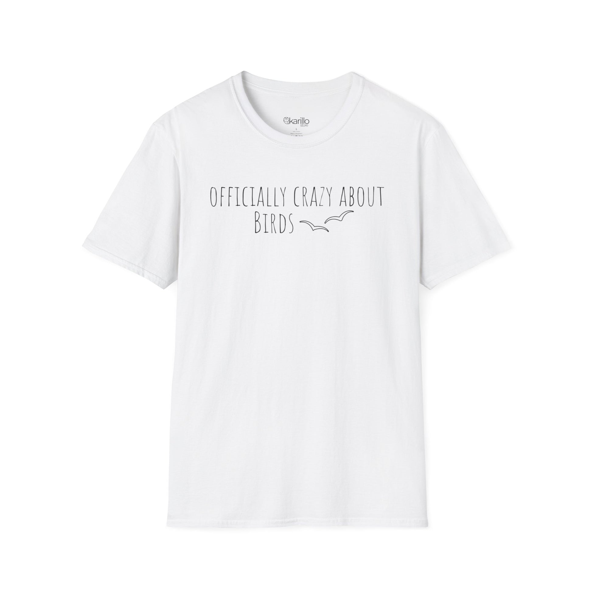 front view white t-shirt with 'Officially Crazy About Birds' text on a white background