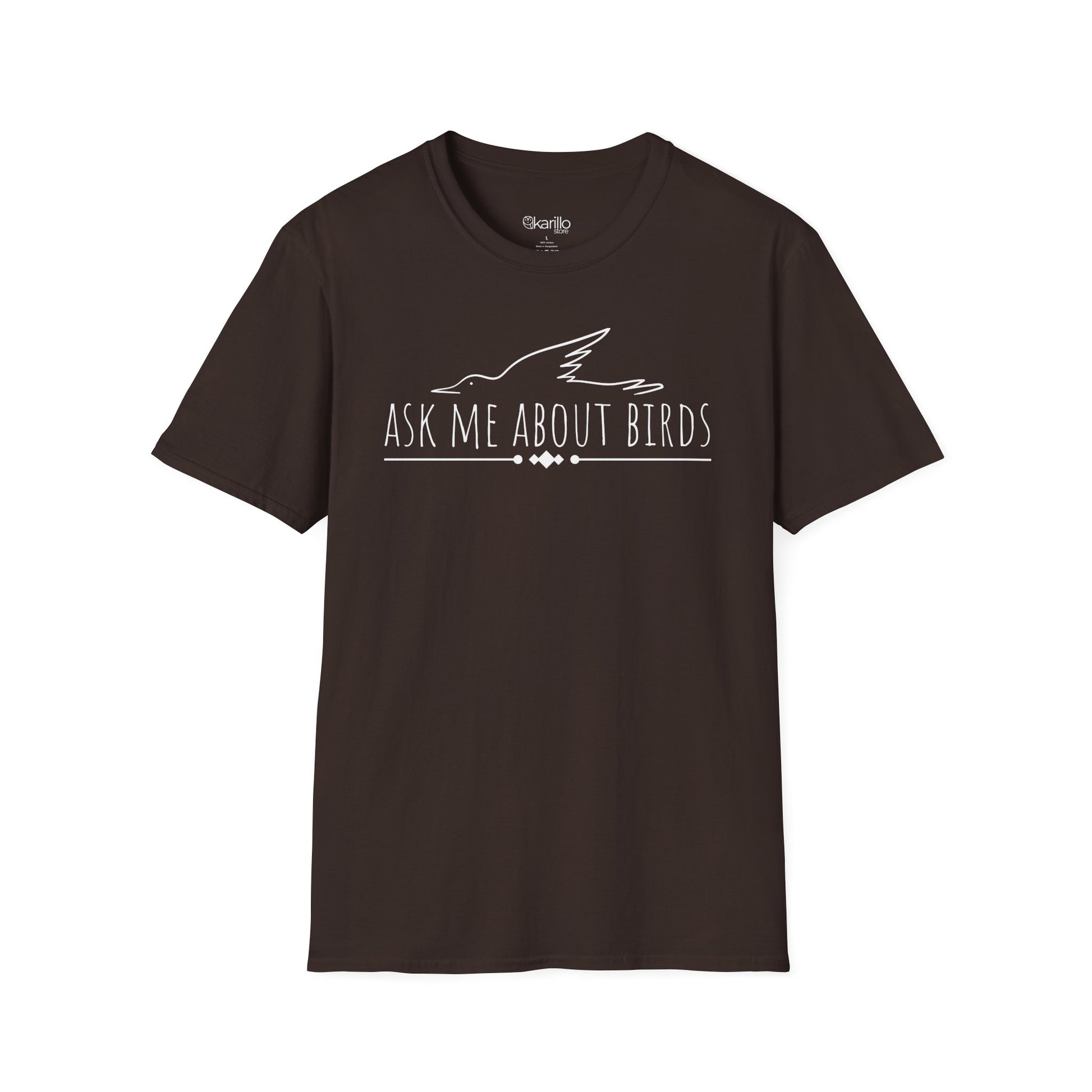 front view Brown t-shirt with 'Ask Me About Birds' text and bird silhouette on a white background