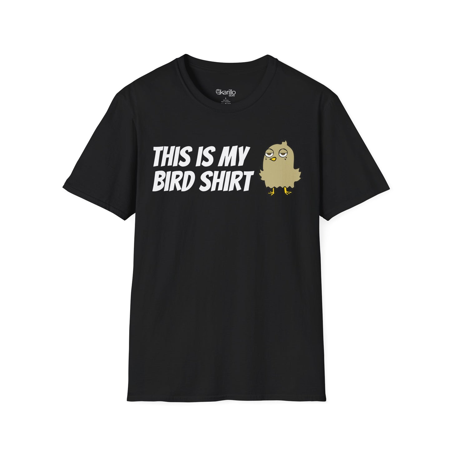 Black t-shirt with "this is my bird shirt" with a graphic cartoon bird on a  white background.
