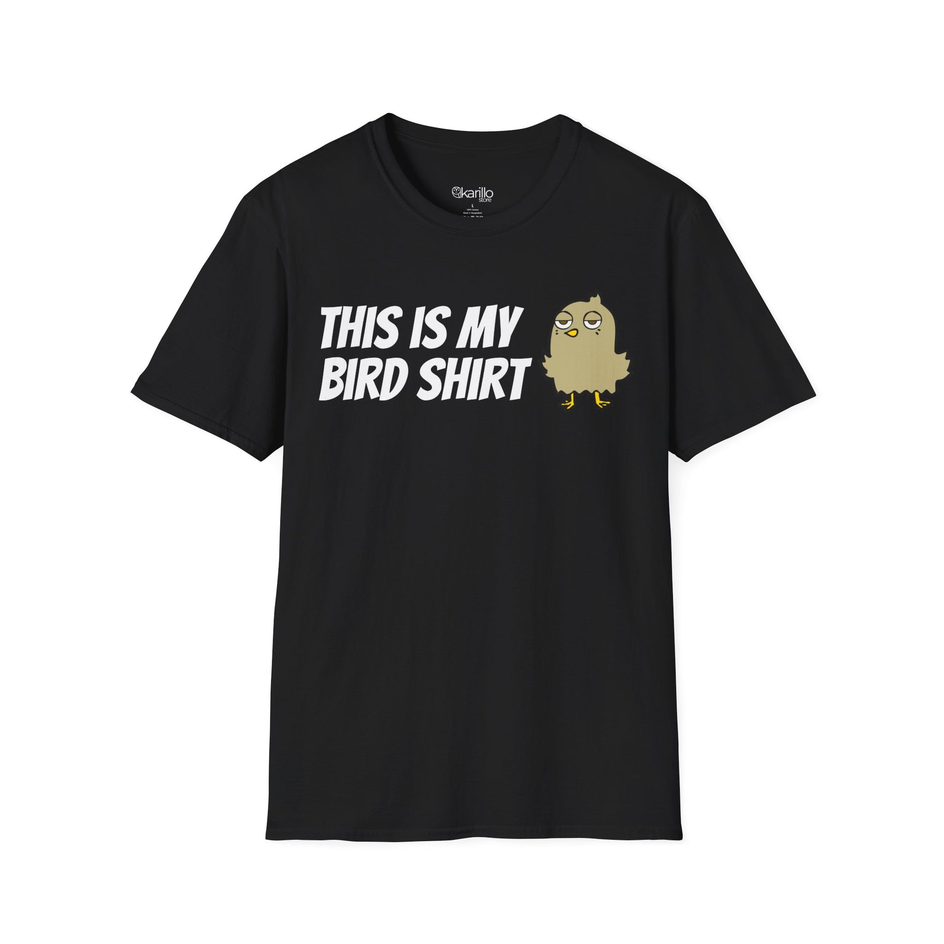 Black t-shirt with "this is my bird shirt" with a graphic cartoon bird on a  white background.