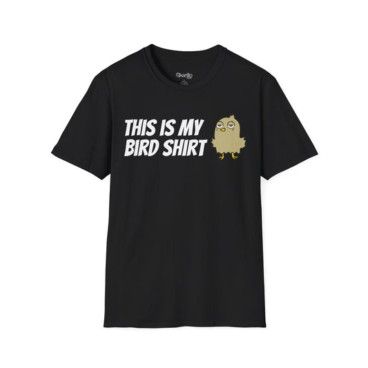 Black t-shirt with "this is my bird shirt" with a graphic cartoon bird on a  white background.