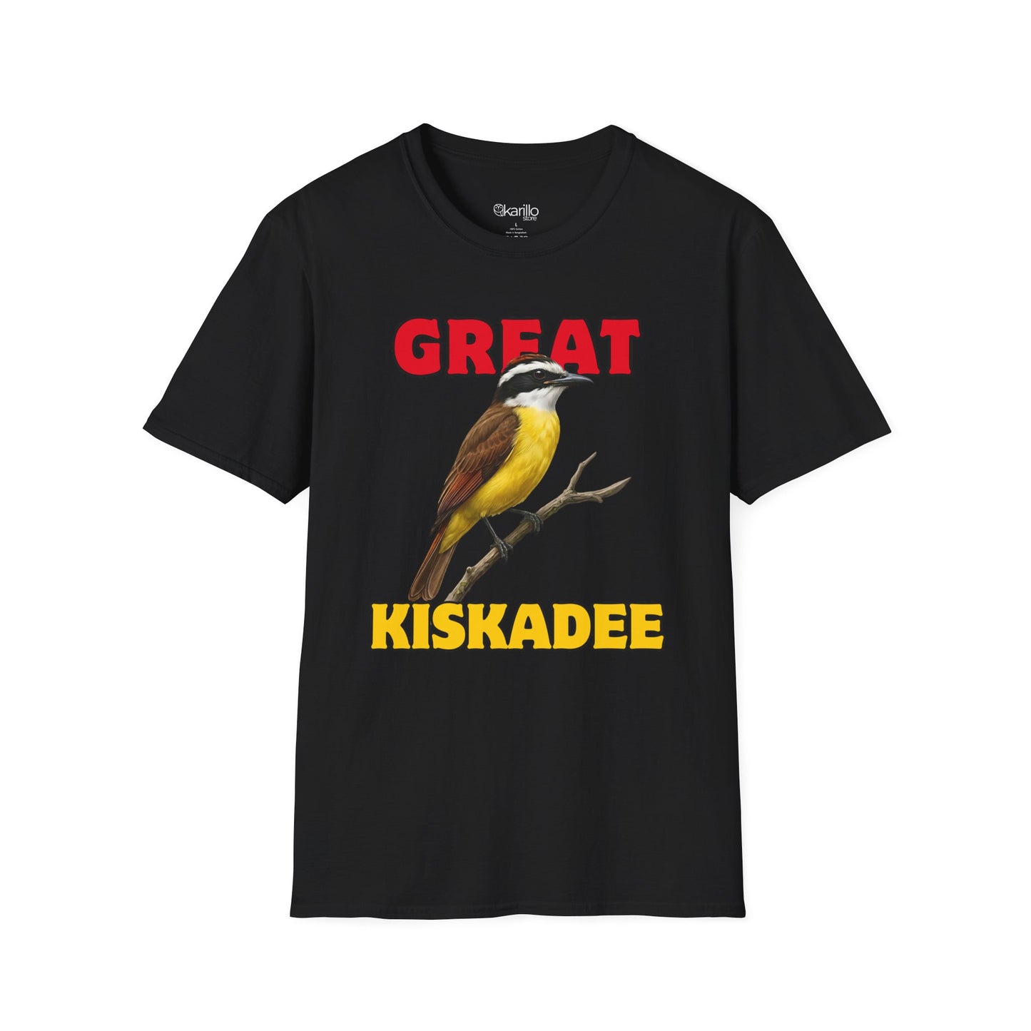 Black t-shirt with a bird graphic and text 'GREAT KISKADEE' on a white background