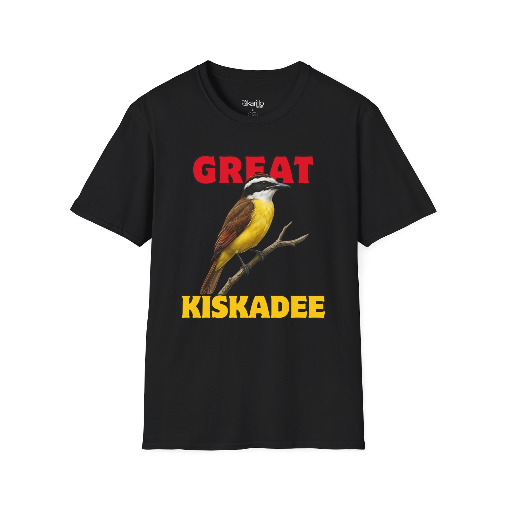Black t-shirt with a bird graphic and text 'GREAT KISKADEE' on a white background