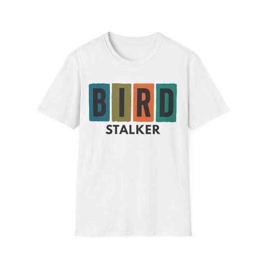 White t-shirt with 'BIRD STALKER' text in colorful letters on a white background