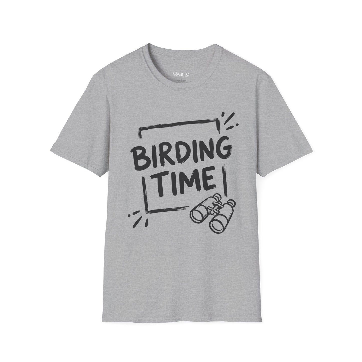 Gray t-shirt with 'BIRDING TIME' text and binocular graphic on a white background