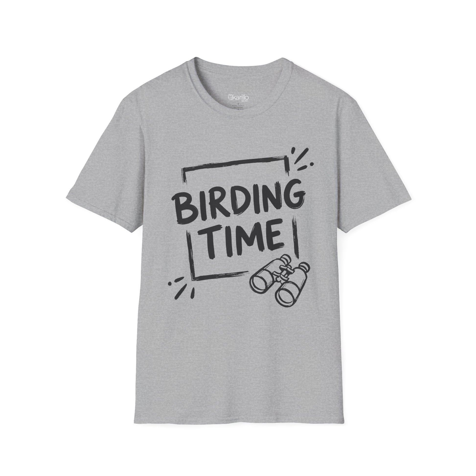 Gray t-shirt with 'BIRDING TIME' text and binocular graphic on a white background
