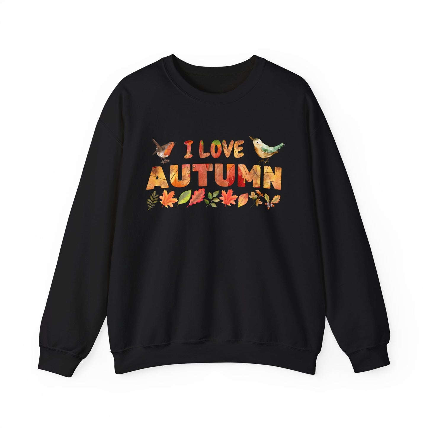 Black sweatshirt with 'I love autumn' text and leaf graphics on a white background
