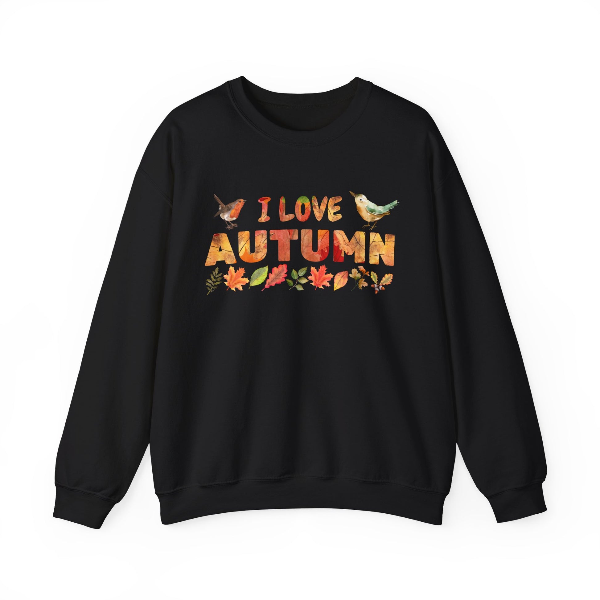 Black sweatshirt with 'I love autumn' text and leaf graphics on a white background