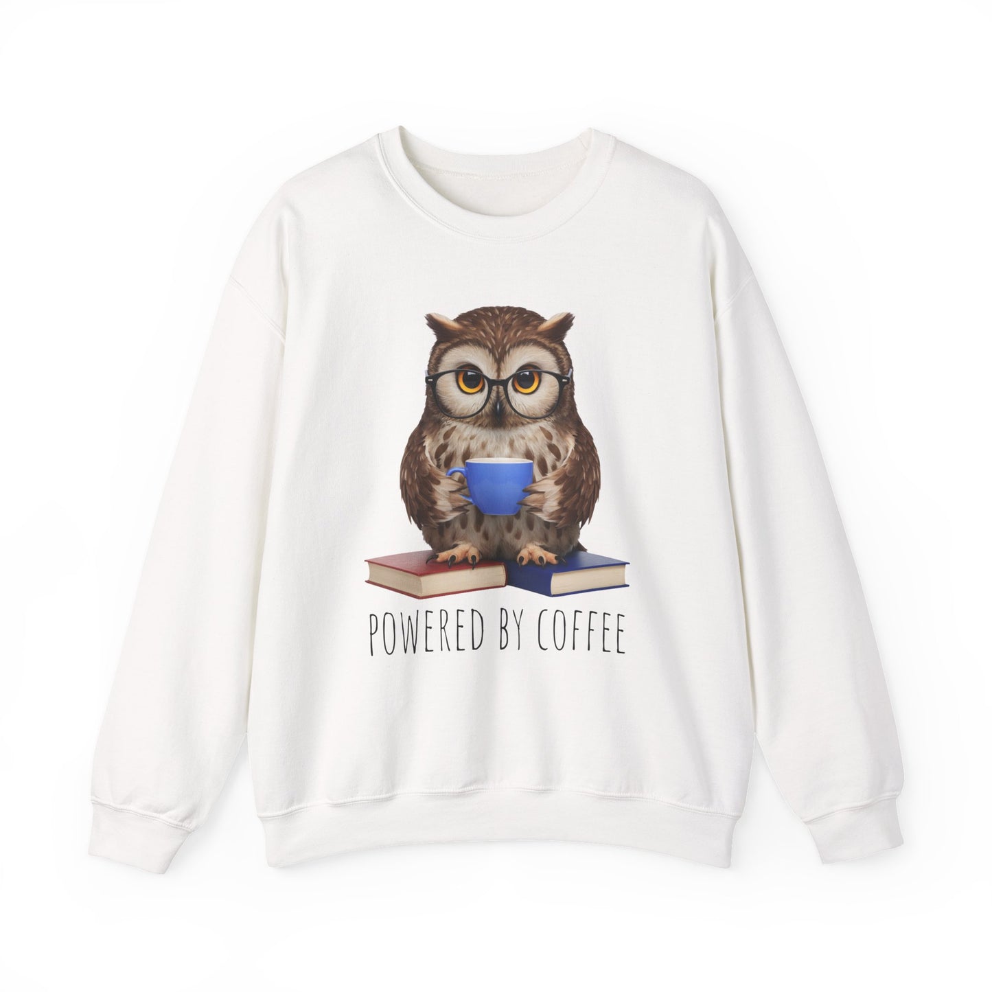 White sweatshirt with an owl graphic and 'Powered by Coffee' text on a white background